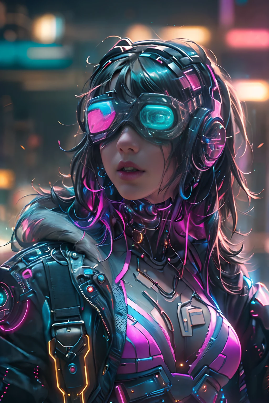 (Photorealistic:1.4) image of a cyber punk girl, (top-quality, 8K, 32K, masterpiece), (dynamic pose), ((facing camera)), (looking at camera), cowboy shot, shapeless hair, colorful hair, colorful cyberpunk clothing, depth of field f/1.8, cyberpunk city background, cinematic lighting.