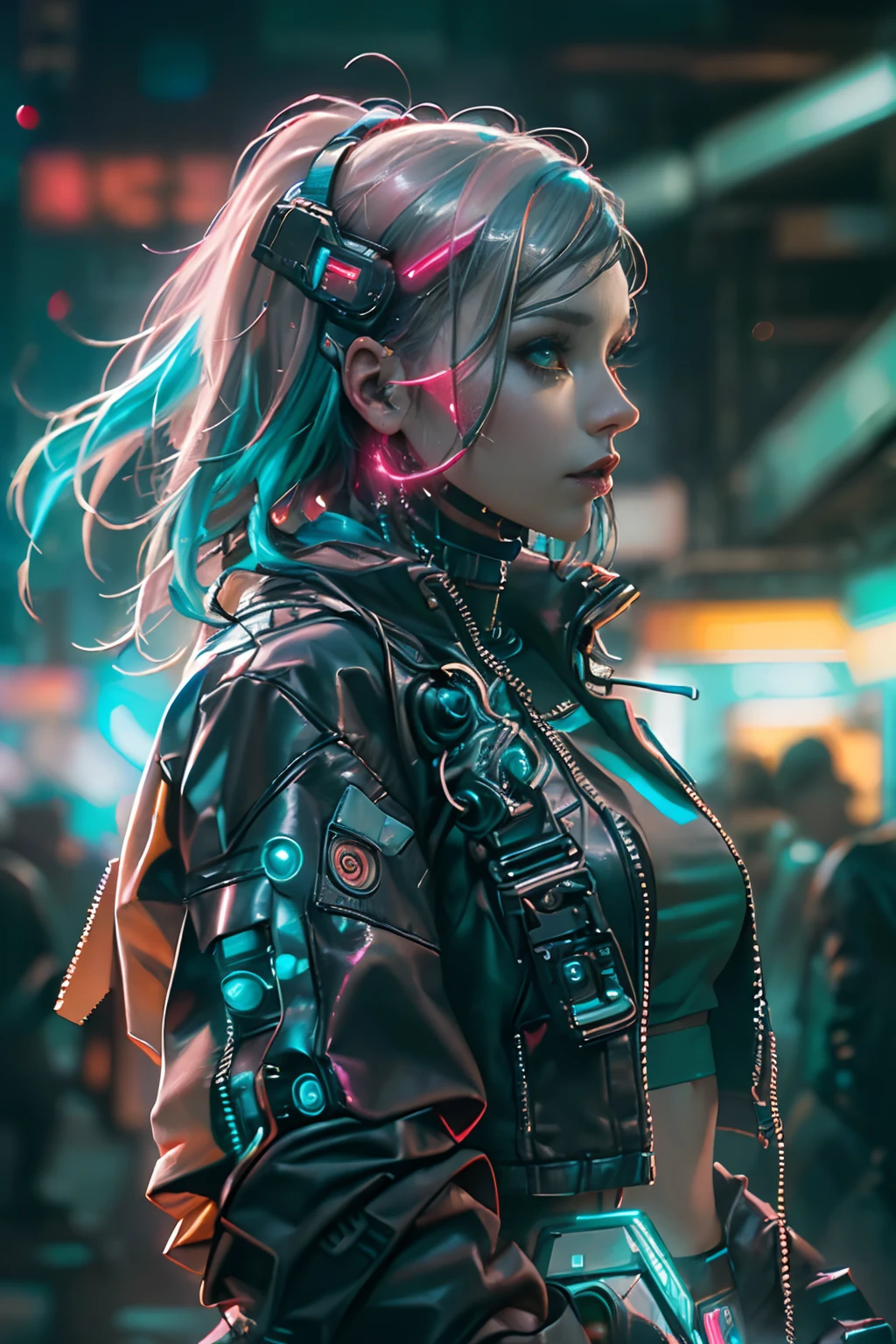 (Photorealistic:1.4) image of a cyber punk girl, (top-quality, 8K, 32K, masterpiece), (dynamic pose), ((facing camera)), (looking at camera), cowboy shot, shapeless hair, colorful hair, colorful cyberpunk clothing, depth of field f/1.8, cyberpunk city background, cinematic lighting.