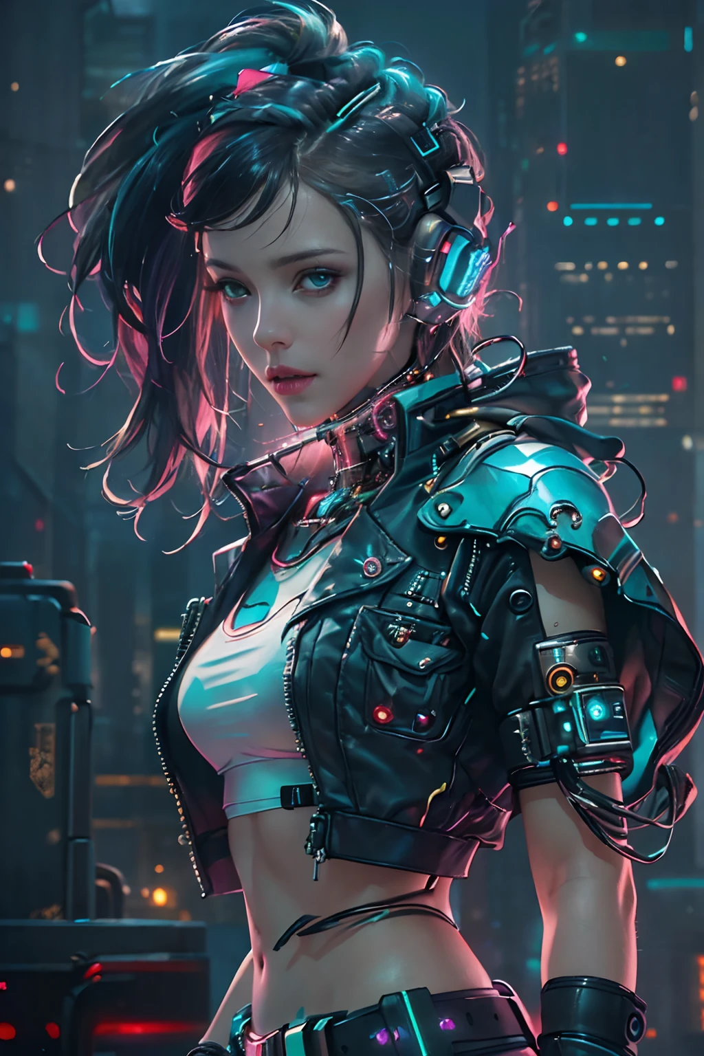 (Photorealistic:1.4) image of a cyber punk girl, (top-quality, 8K, 32K, masterpiece), (dynamic pose), ((facing camera)), (looking at camera), cowboy shot, shapeless hair, colorful hair, colorful cyberpunk clothing, depth of field f/1.8, cyberpunk city background, cinematic lighting.