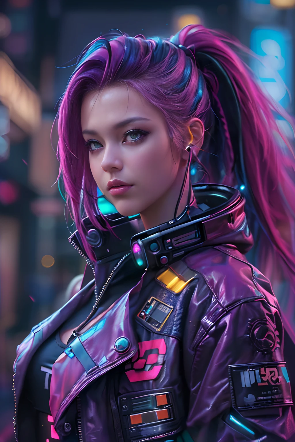 (Photorealistic:1.4) image of a cyber punk girl, (top-quality, 8K, 32K, masterpiece), (dynamic pose), ((facing camera)), (looking at camera), cowboy shot, shapeless hair, colorful hair, colorful cyberpunk clothing, depth of field f/1.8, cyberpunk city background, cinematic lighting.