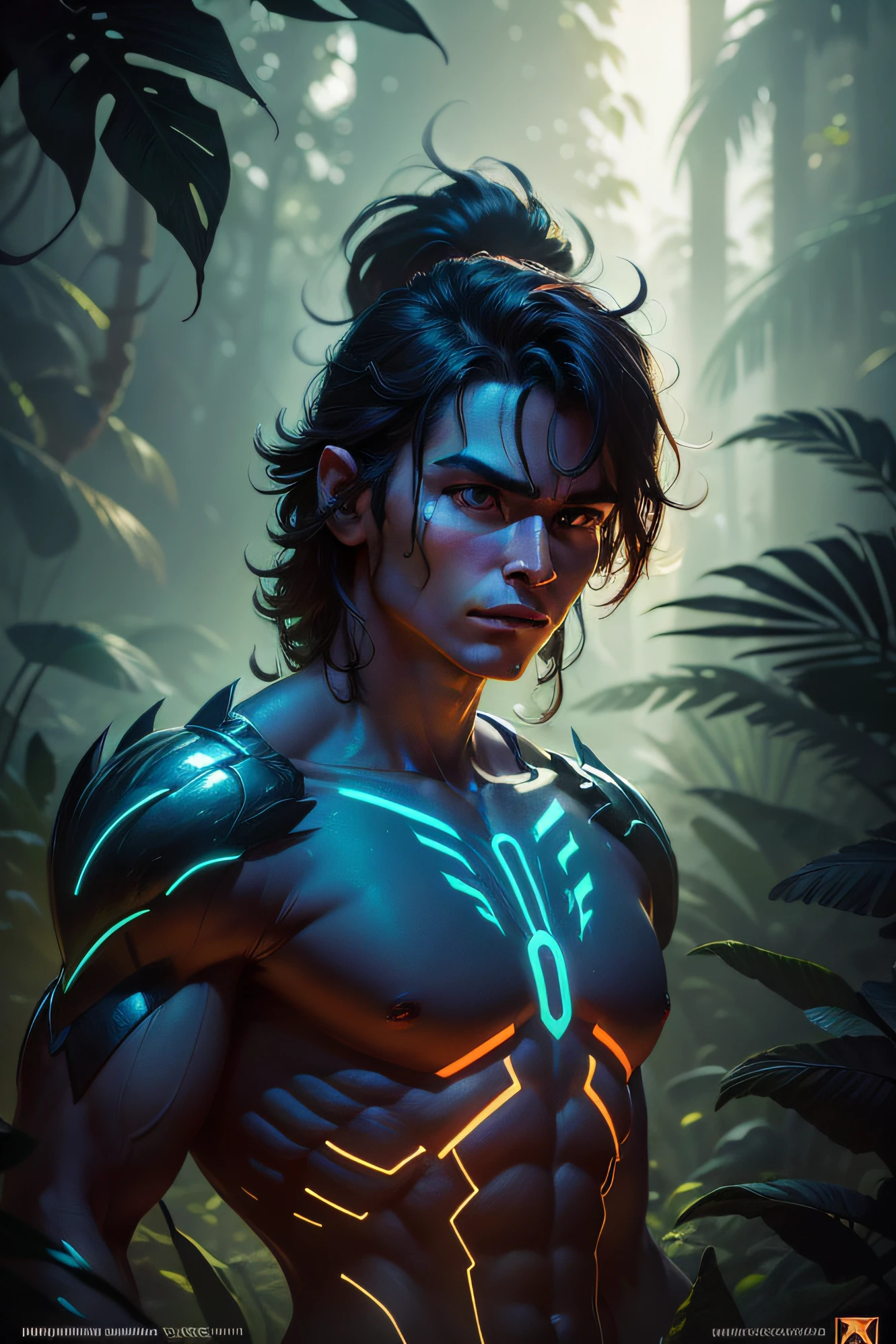 a digital illustration of an Amazonian creature, neon-glowing in the evening light, inspired by the style of James Gurney. The scene features vibrant colors and lush greenery, with the creature emitting a soft neon glow. Warm color temperature, curious facial expression, and ethereal lighting, creating a mystical atmosphere. --v 5 --stylize 1000