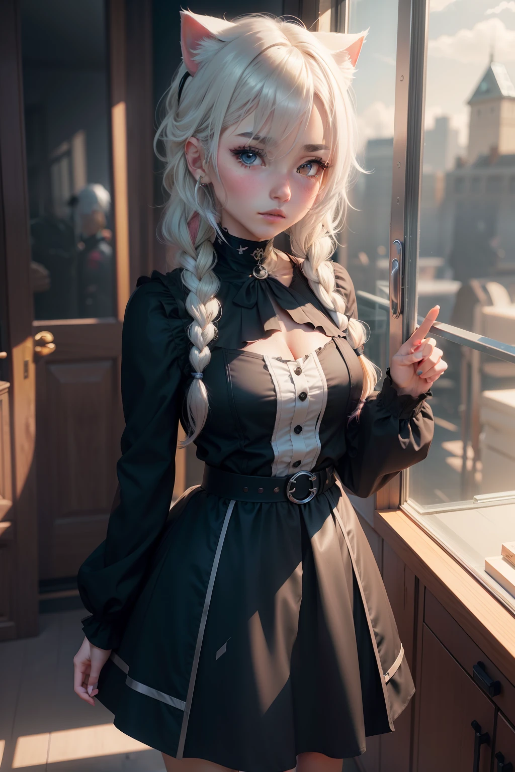 solid circle eyes, ear blush, streaked hair, multicolored hair, blonde hair, silver hair, white hair, long braid, halo, anchor choker, cat ears, shy, blush, puckered lips, torogao, full-face blush, oral invitation, Surrealism, drop shadow, anaglyph, stereogram, tachi-e, pov, atmospheric perspective, anime, Romanticism, Genre painting, ray tracing, 8k, super detail, ccurate, best quality, anatomically correct