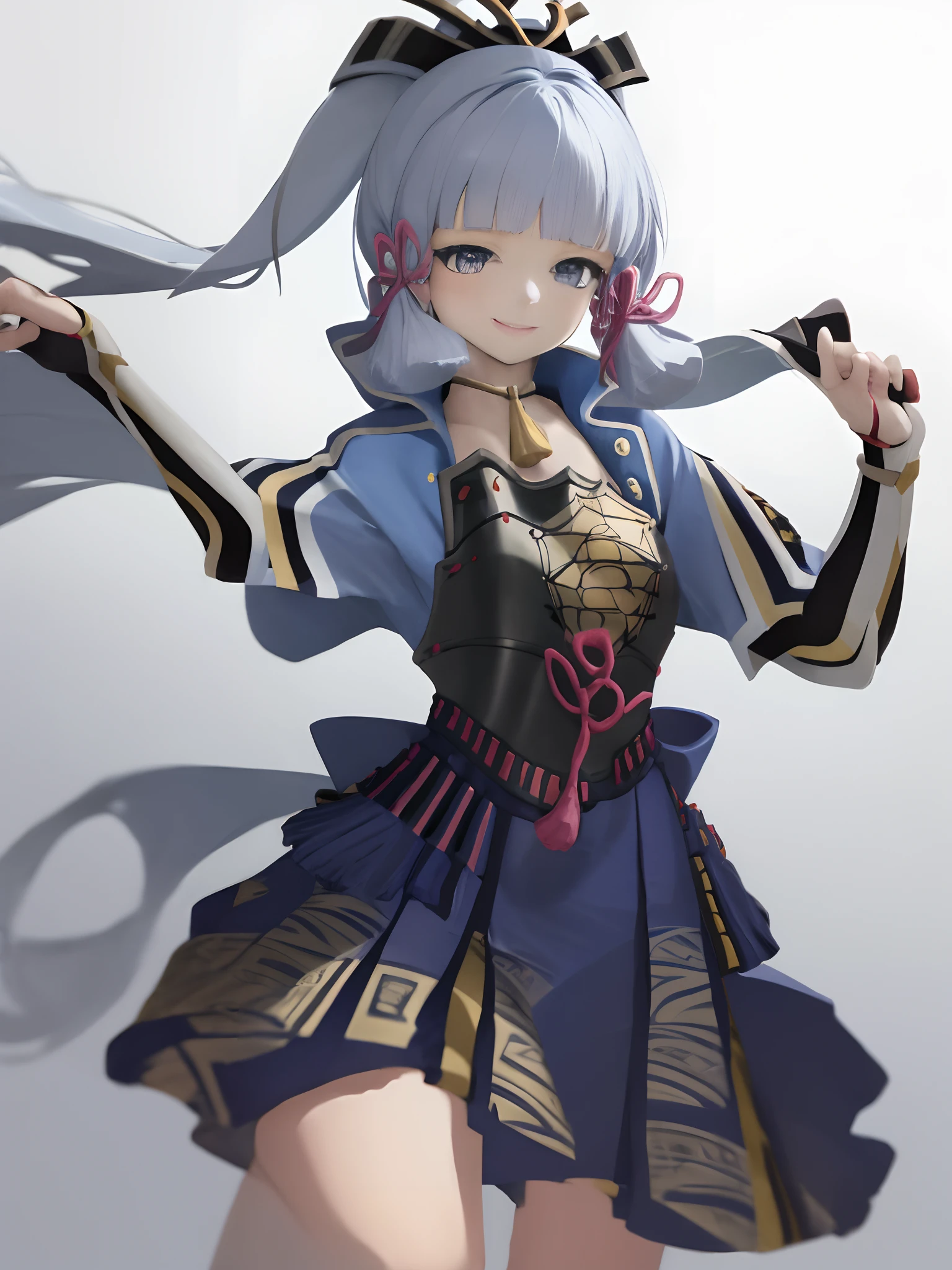 masterpiece, highres, best quality, 1girl solo, kamisato_ayaka, smile, sitting <lora:kamisato_ayaka:1.0>
arm guards, armored dress, black breastplate, japanese armor, (hand fan : 1.6), fingerless gloves
