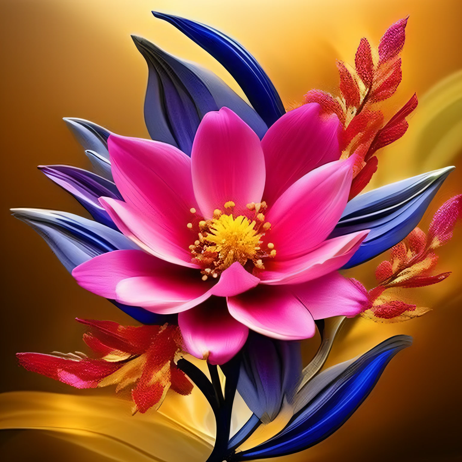 There is a pink flower with blue leaves on a yellow background - SeaArt AI