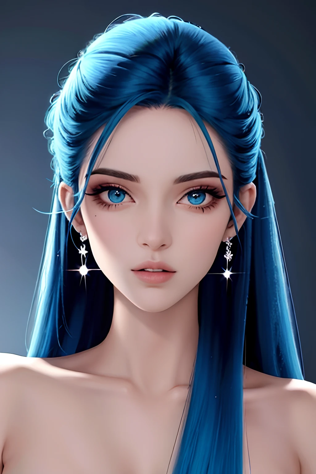 obra-prima, melhor qualidade, alta qualidade, highes definition, textura de alta qualidade, sombra de alta qualidade, alto detalhe, realista, cinematiclight, side-lighting, reflexo de lente, rastreamento de raio, foco nítido, mulher de pele clara, olhos azuis, cabelo comprido e colorido, ((azul escuro na raiz)), ((ciano nas pontas)), ((penteado)). Roupa com estrelas, Technological, azul, corpo perfeito, mulher perfeita, rosto perfeito.