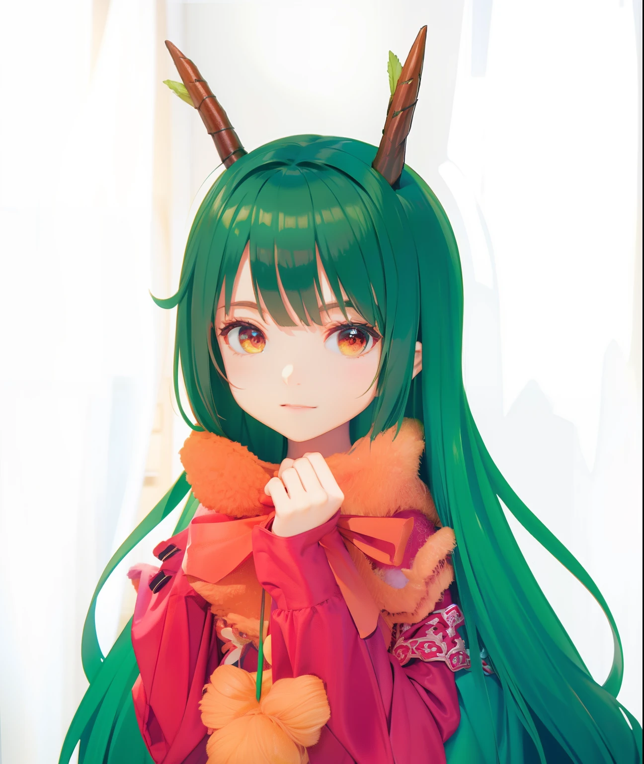 Green hairy dragon horn, Girl in red,In the comfort of your home