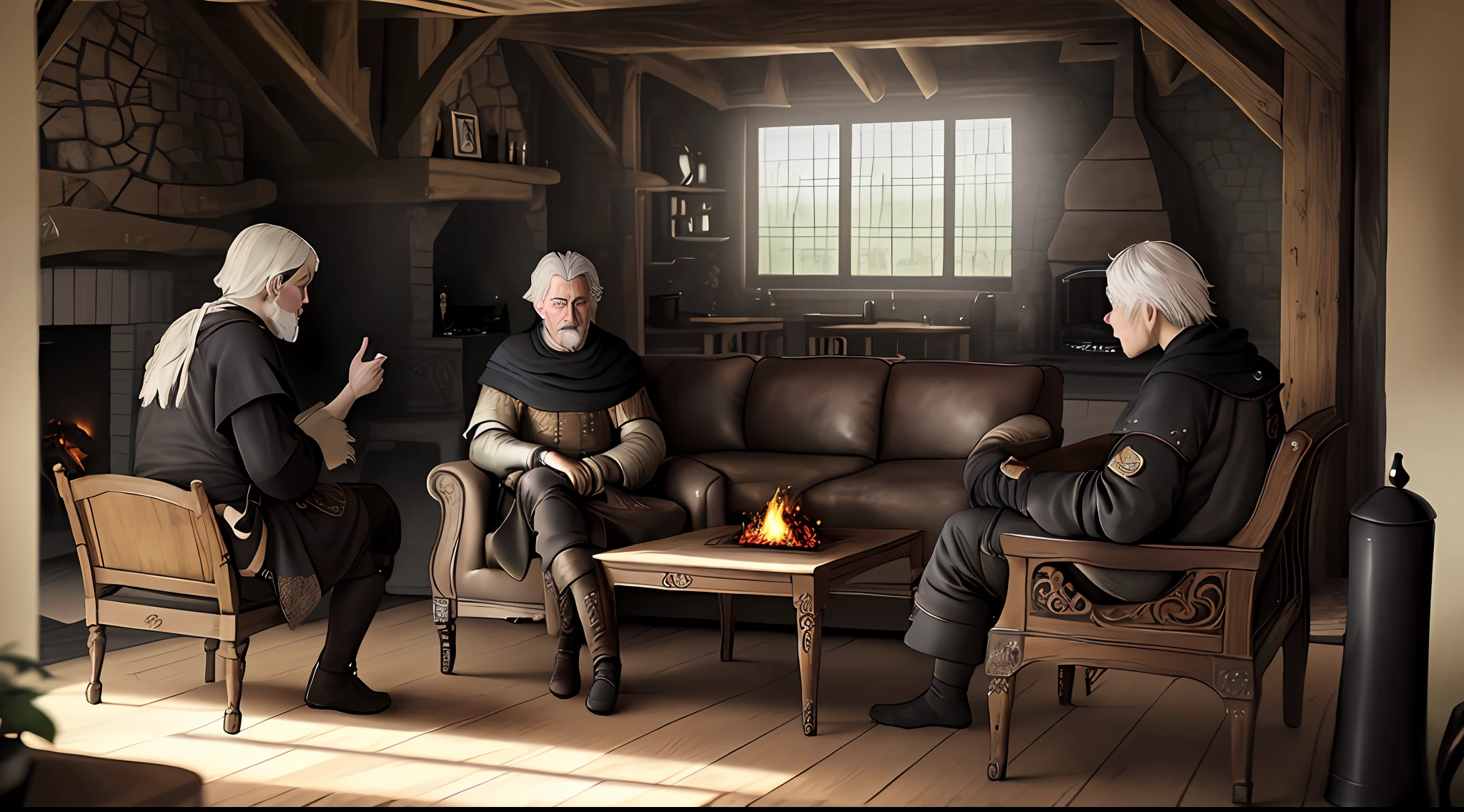 a wise man giving advice to a young man in a living room with a dark burning fireplace,  Medieval rustic,  sentados em cadeiras em frente da lareira de fogo acesa.
