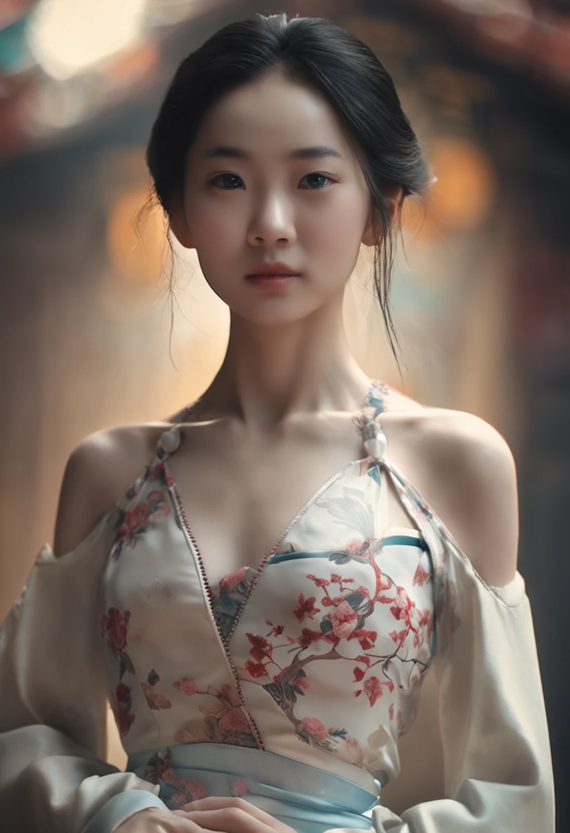 Chinese girl  girl White skin Chest close-up realistic 8K AR focus on chest sheer skirt 