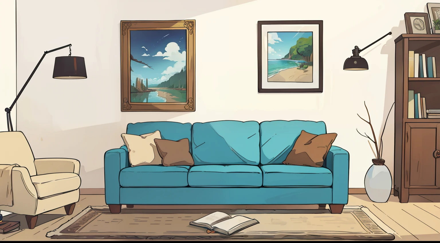 a Sofa next to armchair , em uma sala branca com uma parede branca e piso branco , sofa, picture na parede , bookshelf,   fundo da sala de estar