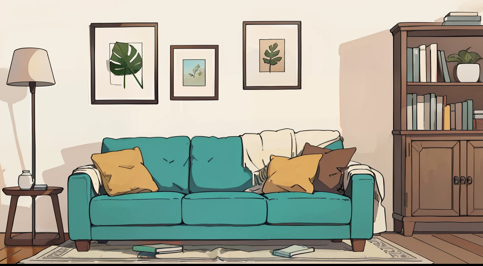a Sofa next to armchair , em uma sala branca com uma parede branca e piso branco , sofa, picture na parede , bookshelf,   fundo da sala de estar