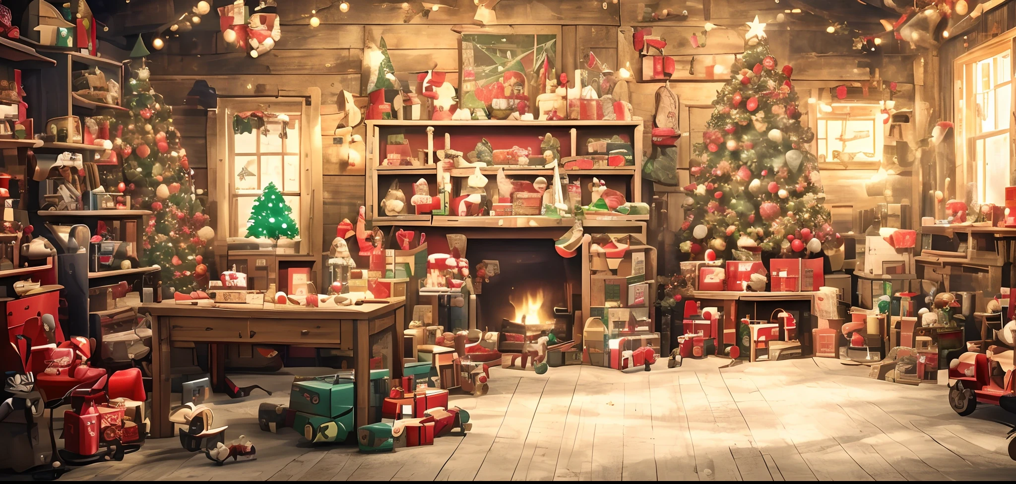 arafed room with a christmas tree, a sleigh, a chair, and a shelf of toys, santa's workshop, santa, toy room, santa inside a rustic barn, 🕹️ 😎 🔫 🤖 🚬, best on adobe stock, toy commercial photo, toy photography, wide screenshot, inside an old magical shop, by Joop Sanders