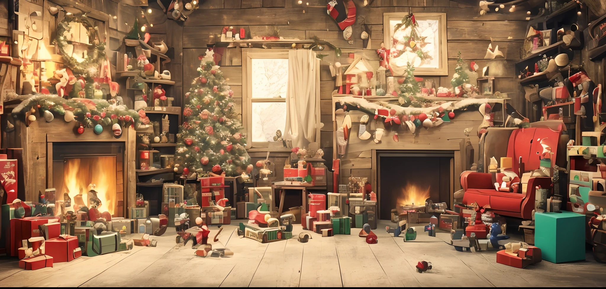 arafed room with a christmas tree, a sleigh, a chair, and a shelf of toys, santa's workshop, santa, toy room, santa inside a rustic barn, 🕹️ 😎 🔫 🤖 🚬, best on adobe stock, toy commercial photo, toy photography, wide screenshot, inside an old magical shop, by Joop Sanders