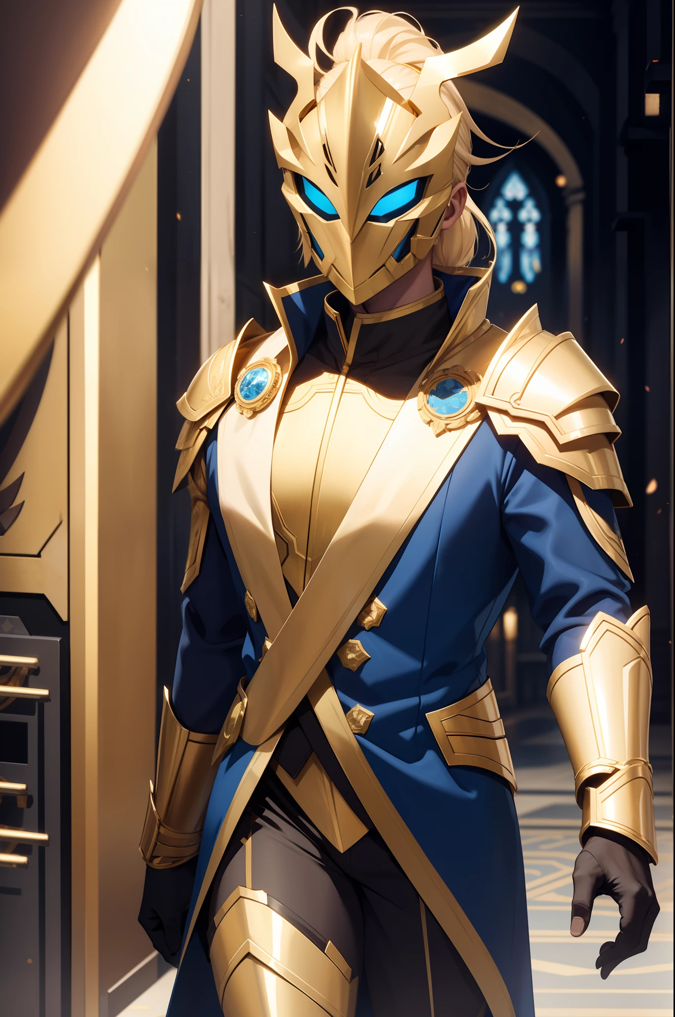 solo male, golden armor, blue robes, metal mask, covered face, blonde hair, ponytail, up to legs