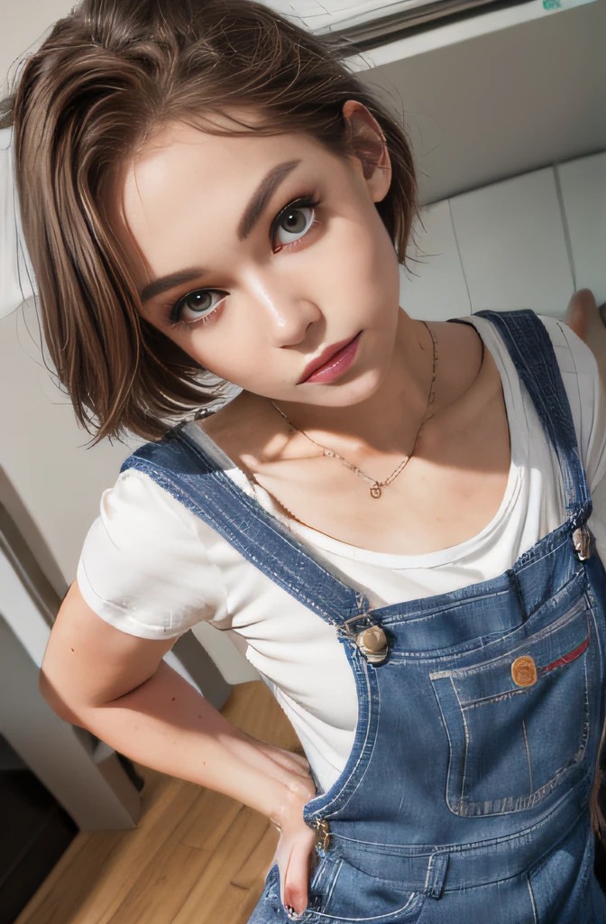 best qualtiy, Hyper High Detail, Cinematic lighting，From  above ,Modern， Full body like，refined face，kawaii faces，Skin reflection，25 years old female，slimfigure，A slender,cropped shoulders，Outside,((Woman in overalls)),