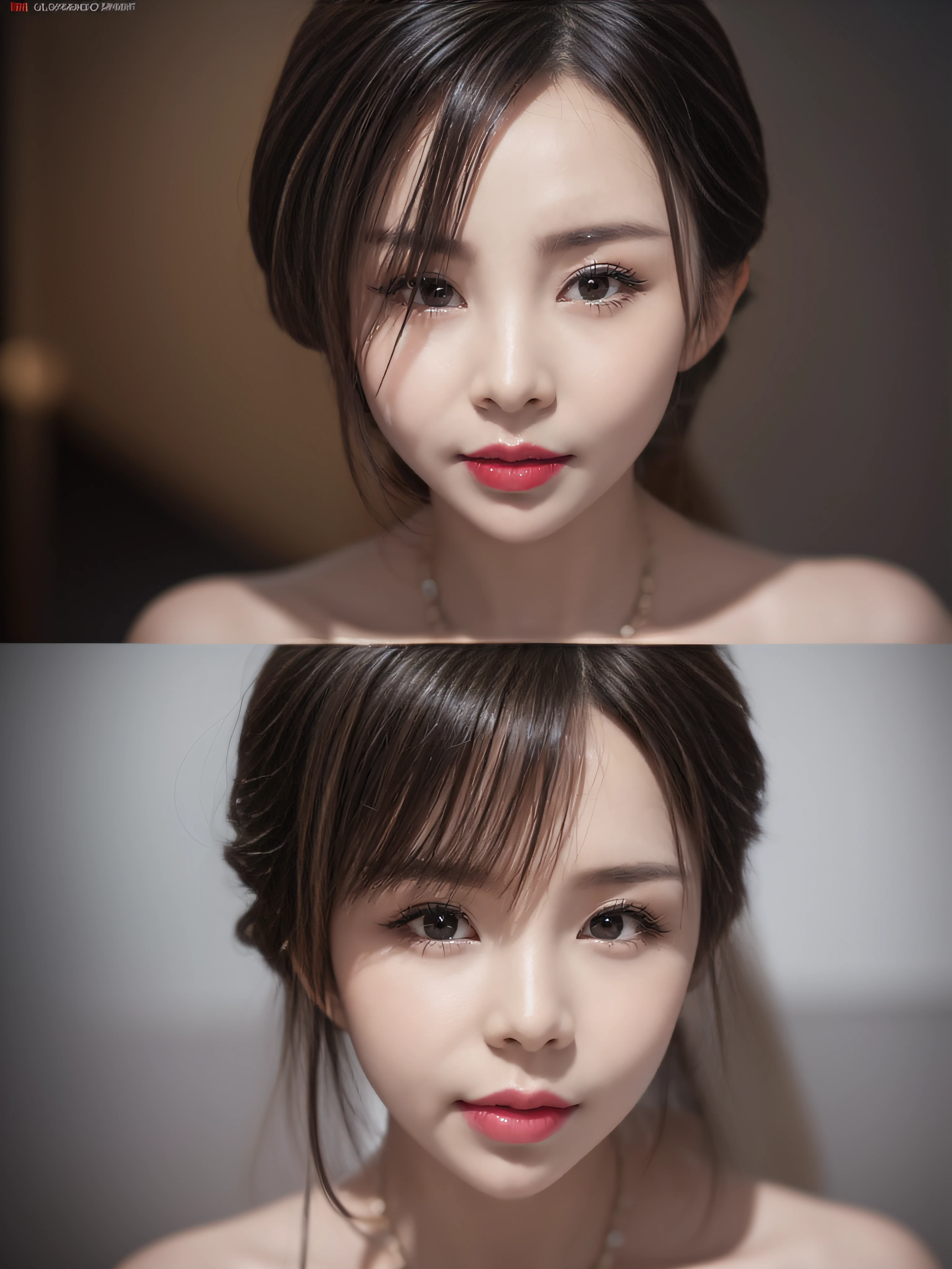 A boy who is still childish, A beautiful Chinese woman, full forehead, Slender eyebrows, long eyelashes, makeup, red lips, naughty face, Seductive expression