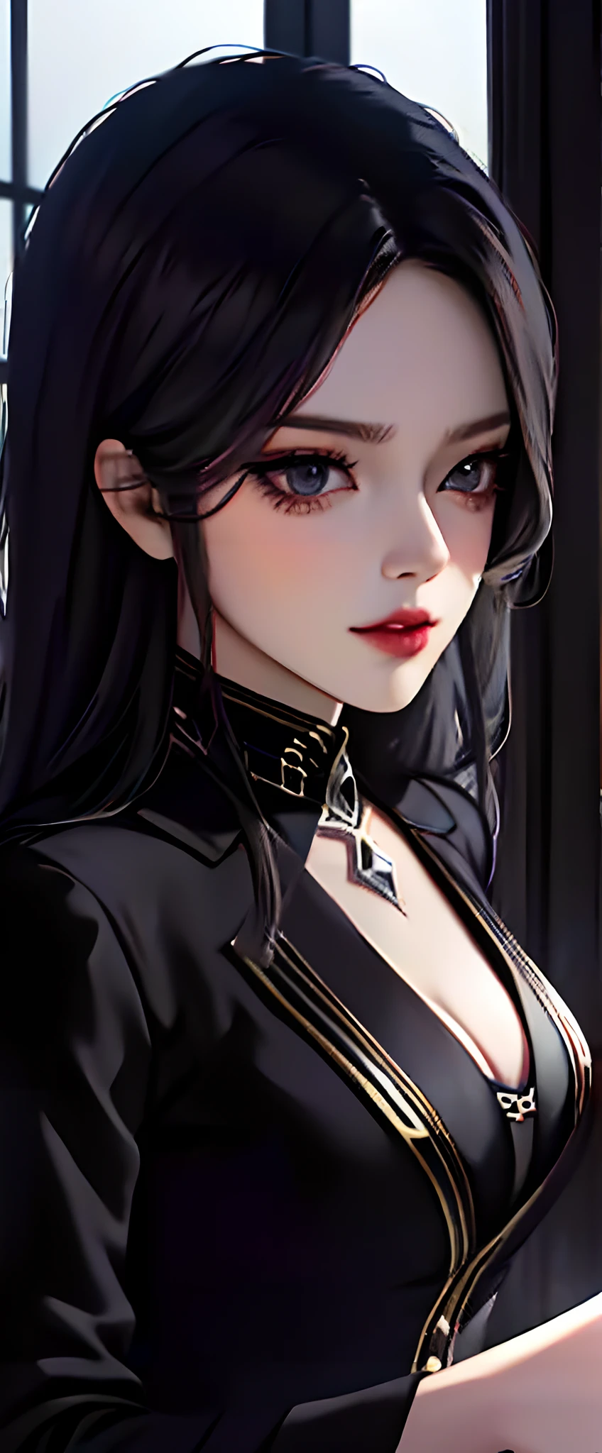 There was a woman in a black dress sitting on the windowsill, noire moody scene, wearing a strict business suit, wearing a black noble suit, Surrealism female students, Surrealism female students, seductive anime girls, 2b, 2 b, wearing a strict business suit, sakimichan, Dark suit, wearing black uniform, elegant glamourous cosplay