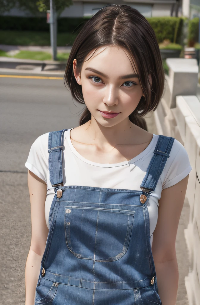 best qualtiy, Hyper High Detail, Cinematic lighting,From above ,Modern, Full body like,refined face,kawaii faces,Skin reflection,25 years old female,slimfigure,A slender,cropped shoulders,Outside,((Woman in overalls)),