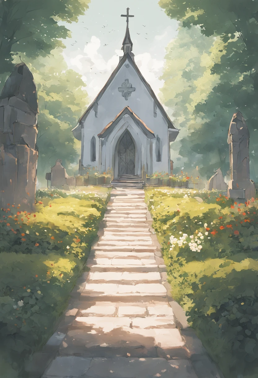 greenish tinge, The old white church is in the garden, There is a stone path in front of the church, cold shades, A sense of suspense, The back of the vista, Lots of vines, ray tracing, film grain, vignetting, cinematic lighting, chiaroscuro, motion blur, rococo style, wide shot, Sony FE GM