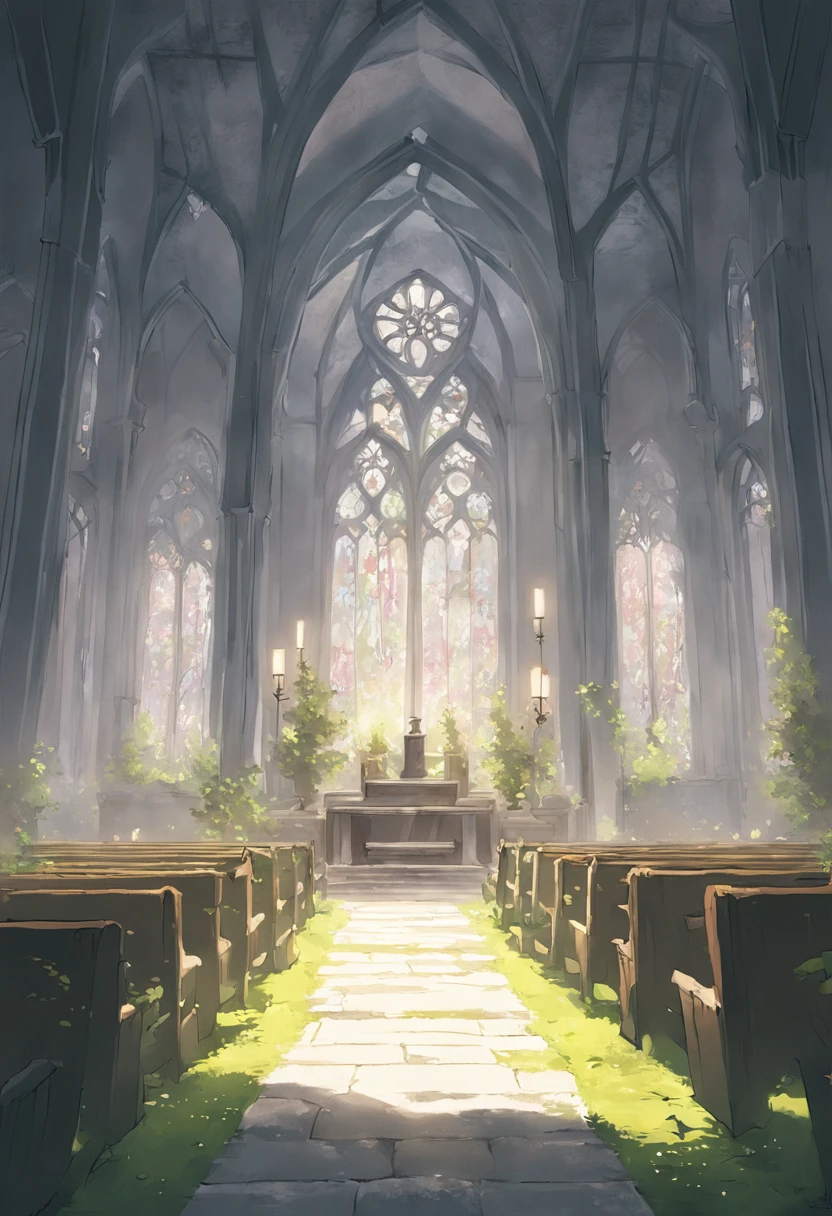 greenish tinge, The old white church is in the garden, There is a stone path in front of the church, cold shades, A sense of suspense, The back of the vista, Lots of vines, ray tracing, film grain, vignetting, cinematic lighting, chiaroscuro, motion blur, rococo style, wide shot, Sony FE GM