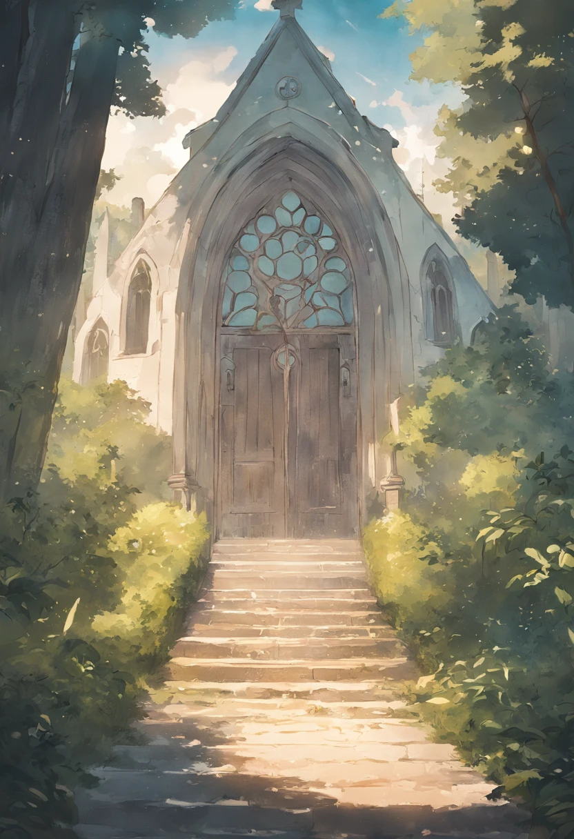 greenish tinge, The old white church is in the garden, There is a stone path in front of the church, cold shades, A sense of suspense, The back of the vista, Lots of vines, ray tracing, film grain, vignetting, cinematic lighting, chiaroscuro, motion blur, rococo style, wide shot, Sony FE GM