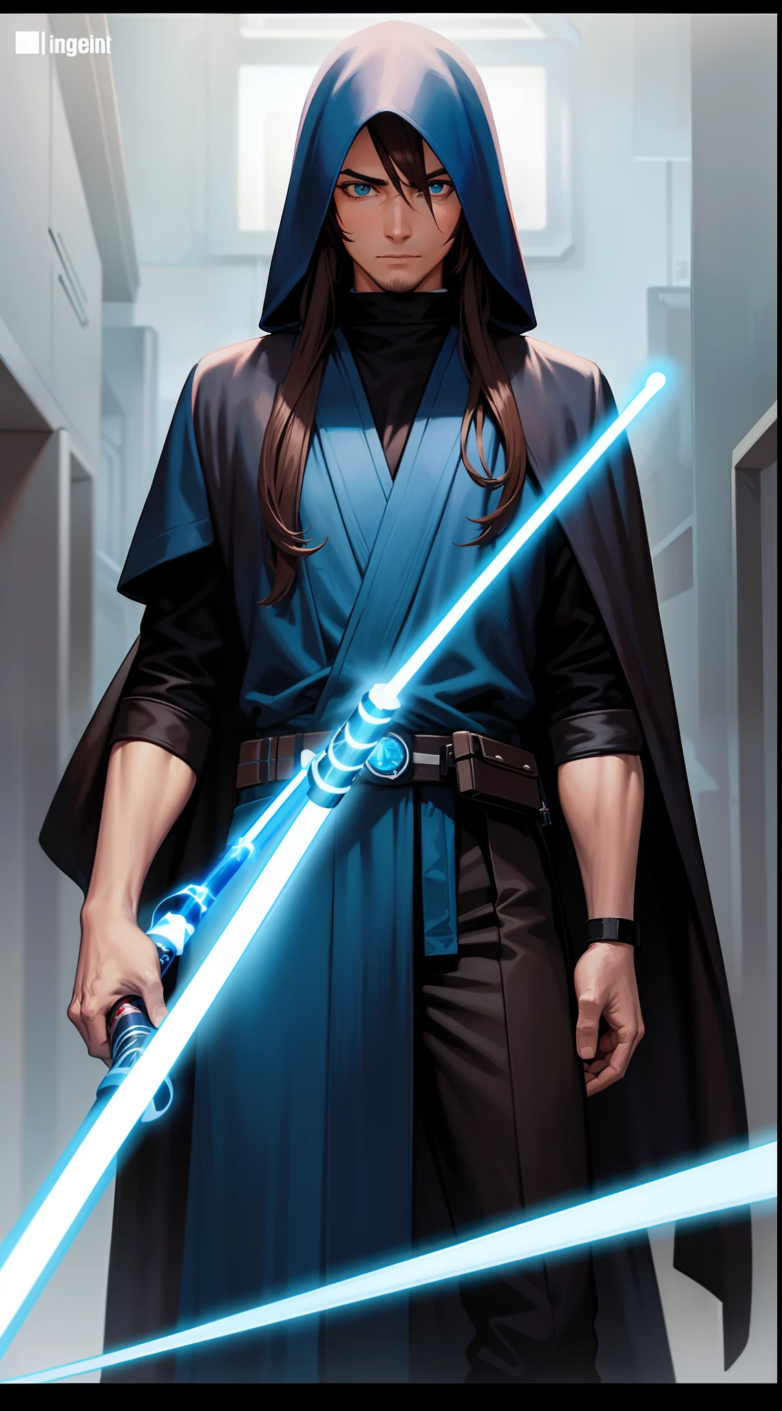 adult man, Long brown hair, Cyan eyes, Blue Rob Jedi, Lightsaber, Darth Revan, Masterpiece, hiquality