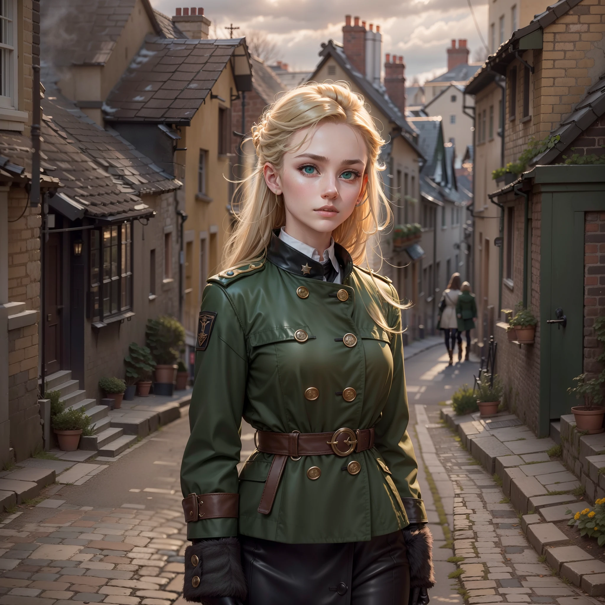 One lonely young adult girl, Tall stature, little chest, closed mouth, Slavic appearance: Green eyes; blond hair; sharp facial features; dimple on the chin; Straight nose; high nose; pronounced high cheekbones; high forehead, stands upright, wears a military uniform: Dark green double-breasted overcoat with 6 fasteners; gray pants; high black boots; black leather gloves, Standing in the middle of the street, Background in the picture: A street with a stone paved road with European stone houses from the first half of the 20th century; People in clothes of the mid-20th century, High quality shadows, High quality of light, High quality clothing, Masterpiece picture quality, max detail, Masterpiece quality, High-definition image.