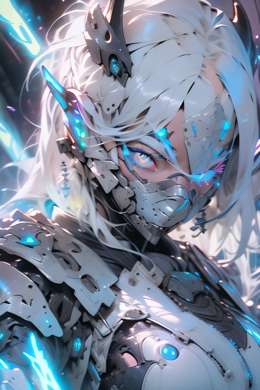 (Masterpiece), (Best quality), 1girll, Cyborg girl, Female warrior battlefield, Portrait, Close-up shot, (Blue glowing eyes), Cyborg armor, White armor,liuyifei