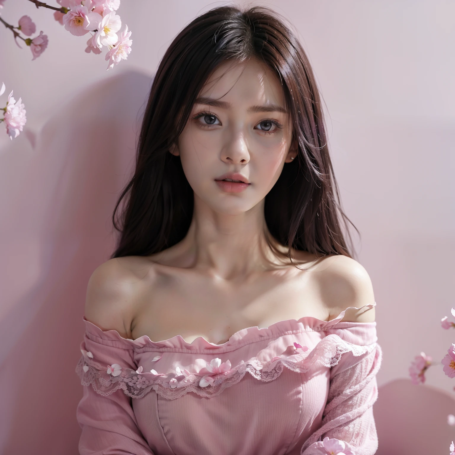 masterpiece, absurdres, hinata\(boruto\), 1girl, solo,mature female, off-shoulder lace shirt, looking at viewer, (falling petals), perfect composition, detailed lips, big breast, beautiful face, body propotion, blush, (pink lips), long hair, purple eyes, soft gaze, super realistic, detailed, photoshoot, realistic face and body,