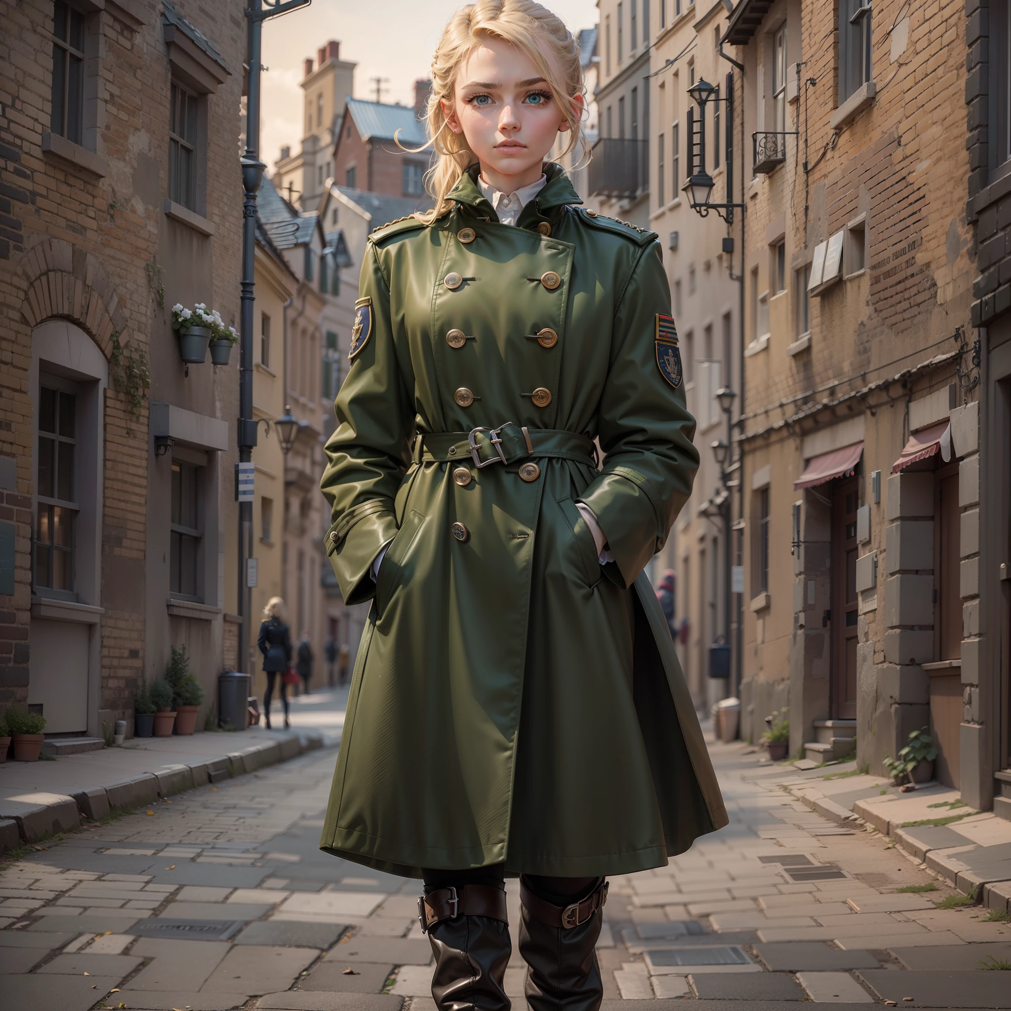 One lonely young adult girl, Tall stature, little chest, closed mouth, Slavic appearance: Green eyes; blond hair; sharp facial features; dimple on the chin; Straight nose; high nose; pronounced high cheekbones; high forehead, stands upright, wears a military uniform: Dark green double-breasted overcoat with 6 fasteners; gray pants; high black boots; black leather gloves, Standing in the middle of the street, Background in the picture: A street with a stone paved road with European stone houses from the first half of the 20th century; People in clothes of the mid-20th century, High quality shadows, High quality of light, High quality clothing, Masterpiece picture quality, max detail, Masterpiece quality, High-definition image.