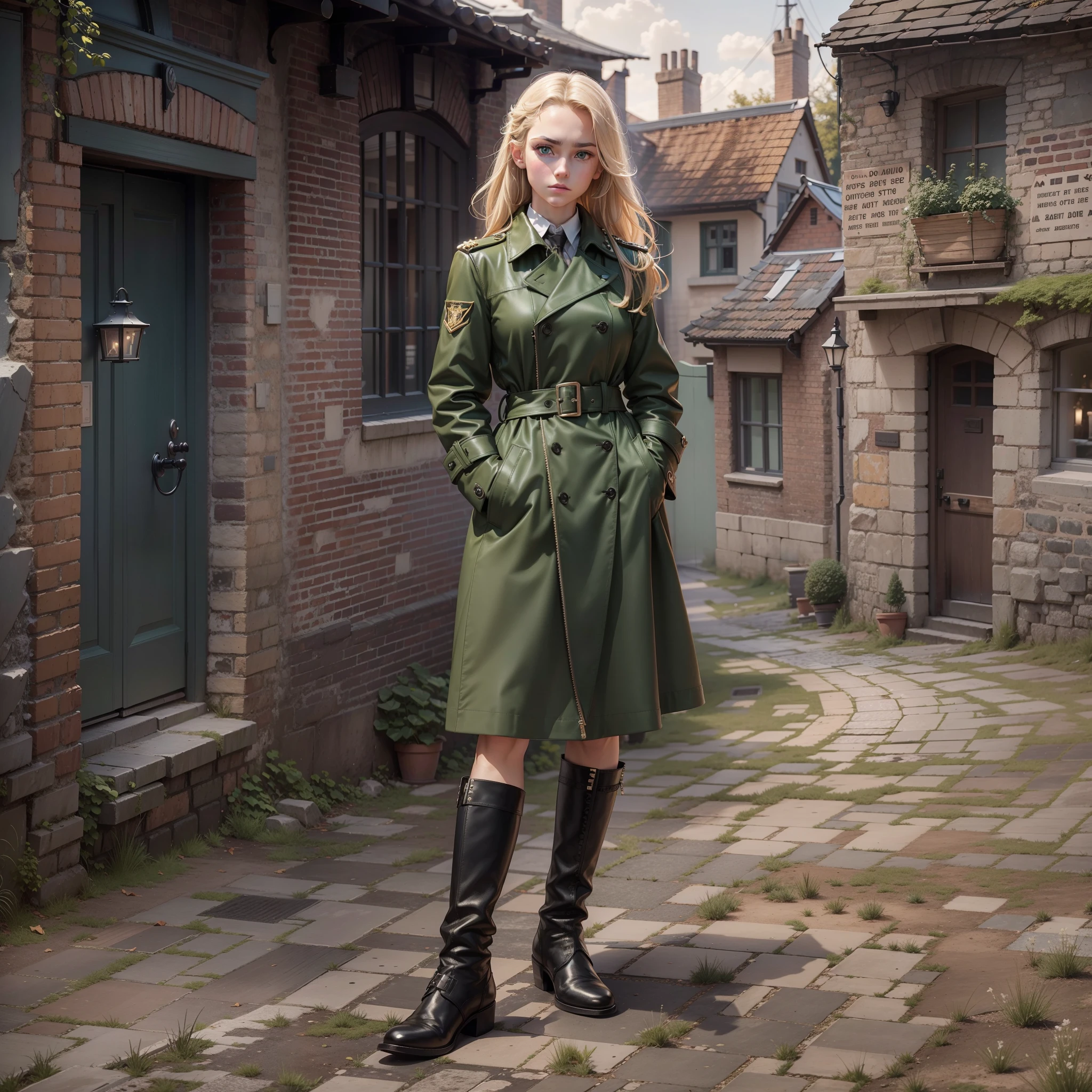 One lonely young adult girl, Tall stature, little chest, closed mouth, Slavic appearance: Green eyes; blond hair; sharp facial features; dimple on the chin; Straight nose; high nose; pronounced high cheekbones; high forehead, stands upright, wears a military uniform: Dark green double-breasted overcoat with 6 fasteners; gray pants; high black boots; black leather gloves, Standing in the middle of the street, Background in the picture: A street with a stone paved road with European stone houses from the first half of the 20th century; People in clothes of the mid-20th century, High quality shadows, High quality of light, High quality clothing, Masterpiece picture quality, max detail, Masterpiece quality, High-definition image.