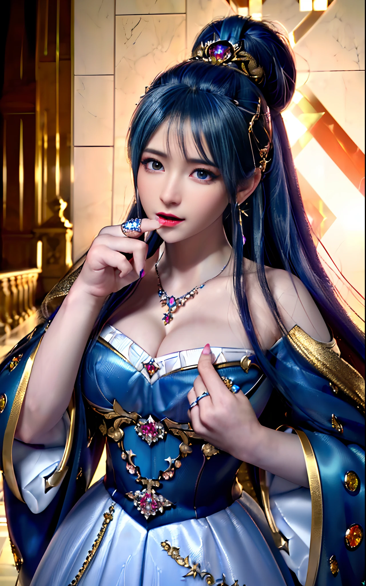 ((realisticity: 1.2)), ((realistic: 8K UHD)), ((best resolution: 8K UHD)), hyper detailed, best quality,masterpiece,highres,cg, ((1 girl hyper detailed and hyper realistic) ) , ((beautiful queen, hyper realistic and hyper detailed)),((white skin, beautiful, smooth, youthful, hyper realistic and hyper detailed )), ((Face hyper beautiful, white, hyper realistic and hyper detailed ) ), long hair, ((hyper realistic and hyper detailed dress)), solo, ((hyper realistic, hyper beautiful, beautiful and hyper detailed jewelry)), ((hyper beautiful deep red and golden yellow dress, hyper realistic and hyper detailed )) , ((Her pretty, hyper realistic, hyper detailed diamond filled earrings)), ((Her gorgeous diamond haircut, hyper realistic and hyper detailed)), ((hyper pretty upper body, hyper beautiful, hyper realistic and hyper detailed) ), ((medium breast: 1.1)), ((hyper realistic, hyper pretty, hyper detailed boobs)), ((the backgroun of the royal palace is hyper majestic, hyper realistic and hyper detailed)),((hands and palms hyper beautiful, hyper detailed, hyper realistic)), ((hyper detailed and hyper realistic fingers and fingernails)), ((hyper pretty fingernails, hyper vivid, hyper detailed, hyper realistic)), ((thumb, index finger, middle finger, ring finger, little finger hyper vivid, hyper pretty, hyper detailed, hyper realistic)), ((hyper beautiful fingers, hyper detailed, and hyper realistic)), ((posture not too fat and not too thin, hyper realistic, hyper detail)), ((hyper pretty, hyper pretty, hyper realistic and hyper detailed hair bun)), ((hyper pretty , hyper realistic and hyper detailed blue hair)), candid, Photo, high resolution, 8k , bokeh,