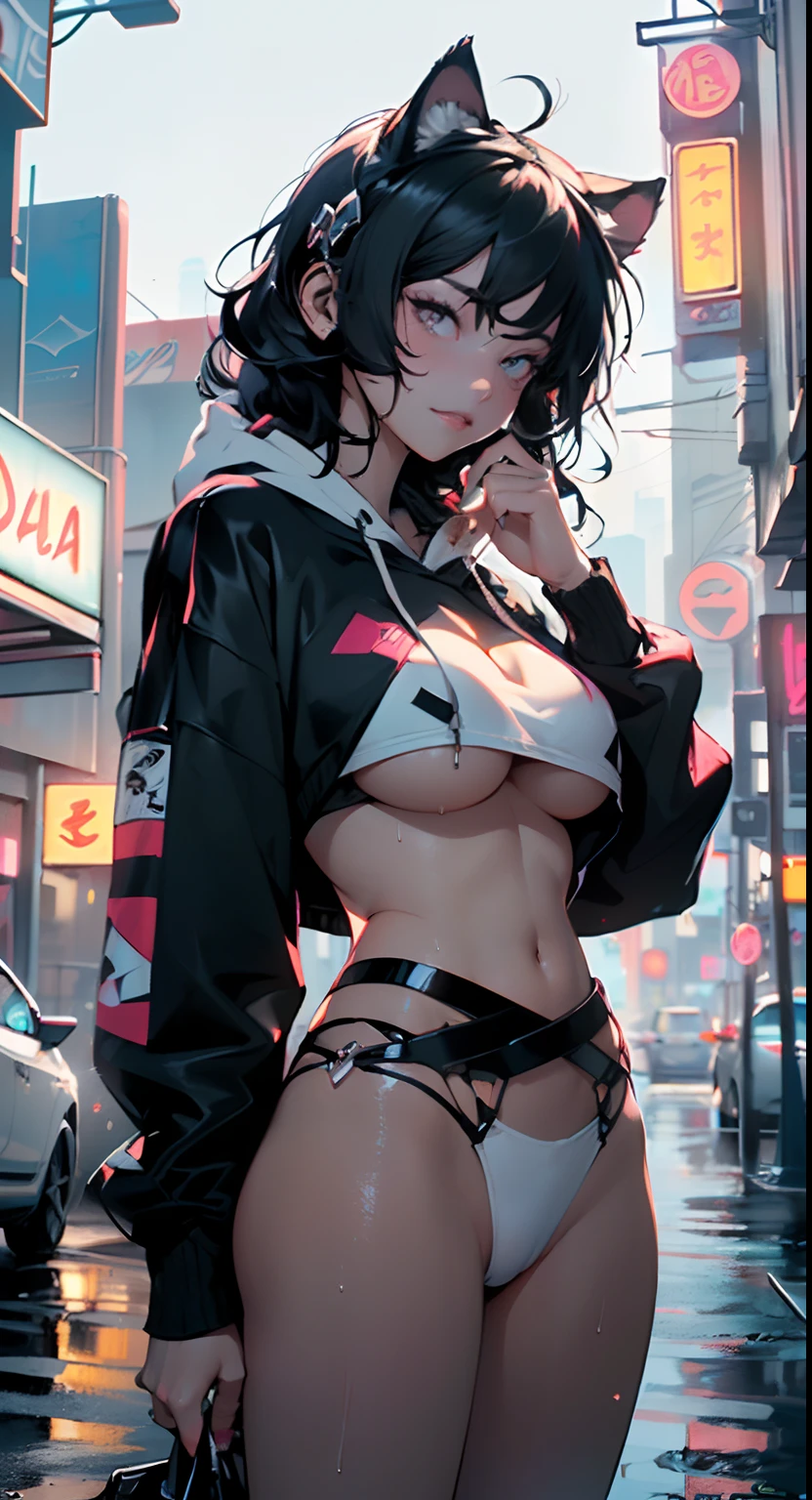 girl spacepunk,(((1girl))),((beautiful girl with bright and luminous cat ears)),
(large breasts:1.4),saggy breasts,((((black hair,black messy hair,colored inner hair,large hair,absurdly long unkempt hair:1.35,long black hair,ear breathing)))),((((cat ears,cat ears on head,big cat ears, glowing cat ears:1.5)))),(((pink eyes:1.3,upturned eyes:1.3,perfect eyes,beautiful detailed eyes,finely detailed beautiful eyes:1,symmetrical eyes:1))),((fat)),(((lustrous skin:1.5,bright skin: 1.5,skin tanned,shiny skin,very shiny skin,shiny body,plastic glitter skin,exaggerated shiny skin, illuminated skin, wet legs))),(spider lower abdomen,narrow waist,wide hip,athletic body,inflated legs,delicate detailed fingers,detailed body,human hands,(detailed face)),
cute,slutty,seductive,erotic,(((nsfw))),
zettai ryouiki,revealing clothing,show skin,((((underboob)))),(cleavage),(semi-naked,with little clothing,((tiny thong)),bare legs,visible thong straps),((((crop top hoodie,cropped hoodie,hoodie,hoodie intricate)))),((wet clothes,detailed outfit,detailed clothes)),
(dynamic pose:1.0),solo focus,embarrassed,centered,scale to fit dimensions,Rule of thirds,
((((cyberpunk city by the ocean,huge buildings,neon signs,puddles)))),stormy sky,threatening sky,dark clouds,((synthwave background theme,detailed background : 1.25)),((((night,nice lighting decorations,detailed architecture)))),
(best quality,high resolution,sharp focus,ultra detailed,extremely detailed,extremely high quality artwork,(realistic,photorealistic:1.37),8k_wallpaper,(extremely detailed CG 8k),(very fine 8K CG),((hyper super ultra detailed perfect piece)),flawless,(((masterpiece))),illustration,vibrant colors,(intricate),High contrast,Selective lighting,Double exposure,HDR (High Dynamic Range),Post-processing,Background blur,