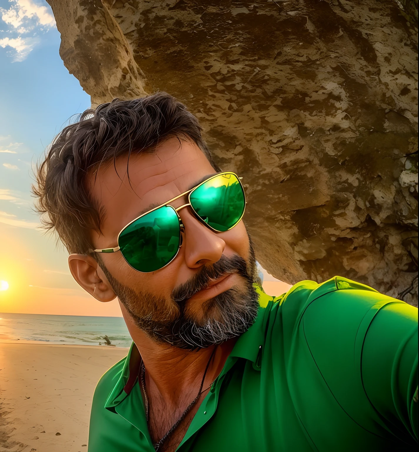 there is a man with sunglasses and a green shirt taking a selfie, 4 0 years old man, about 3 , 5 0 years old man, with accurate face, 8k selfie photograph, without helmet, he is about 40 years old, he is about 4 0 years old, vinayak, selfie!!!!! of a man, selfie photo