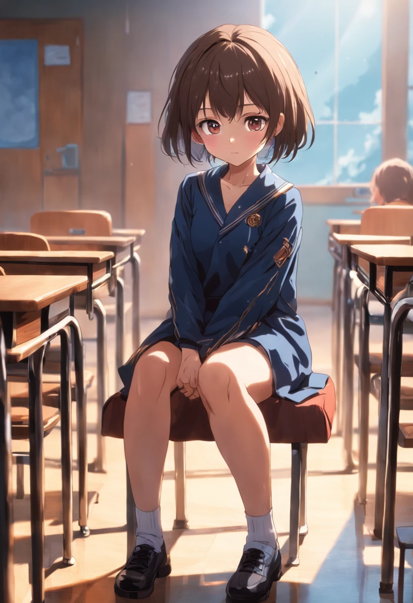 ultra detailed, schoolgirl, embarrassed, legs spread, squatting, looking at viewer, bob, ager, inside, with a desk, in the classroom, in the school, in the afternoon, full body shot, from front, low angle shot、
(show off breasts:1.9),(show off nipple:1.9), (show off pussy:1.9),(pussy juice:1.5),(skirt lift:1.5),(panty lift:1.5),white panty,