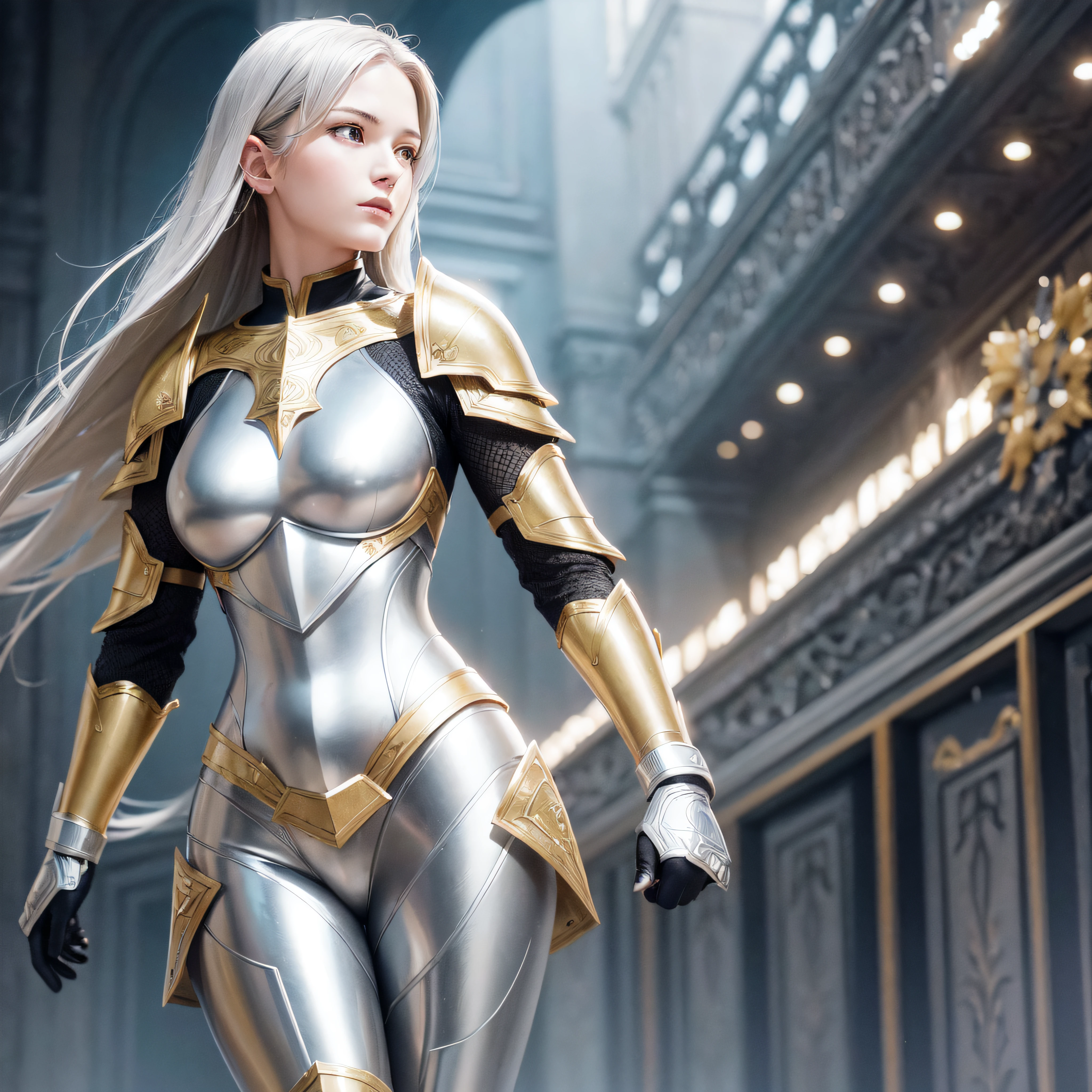 a woman wearing the armor of god, in the style of silver and gold, Christian iconography, finely detailed, hyper realistic, spectacular backdrops