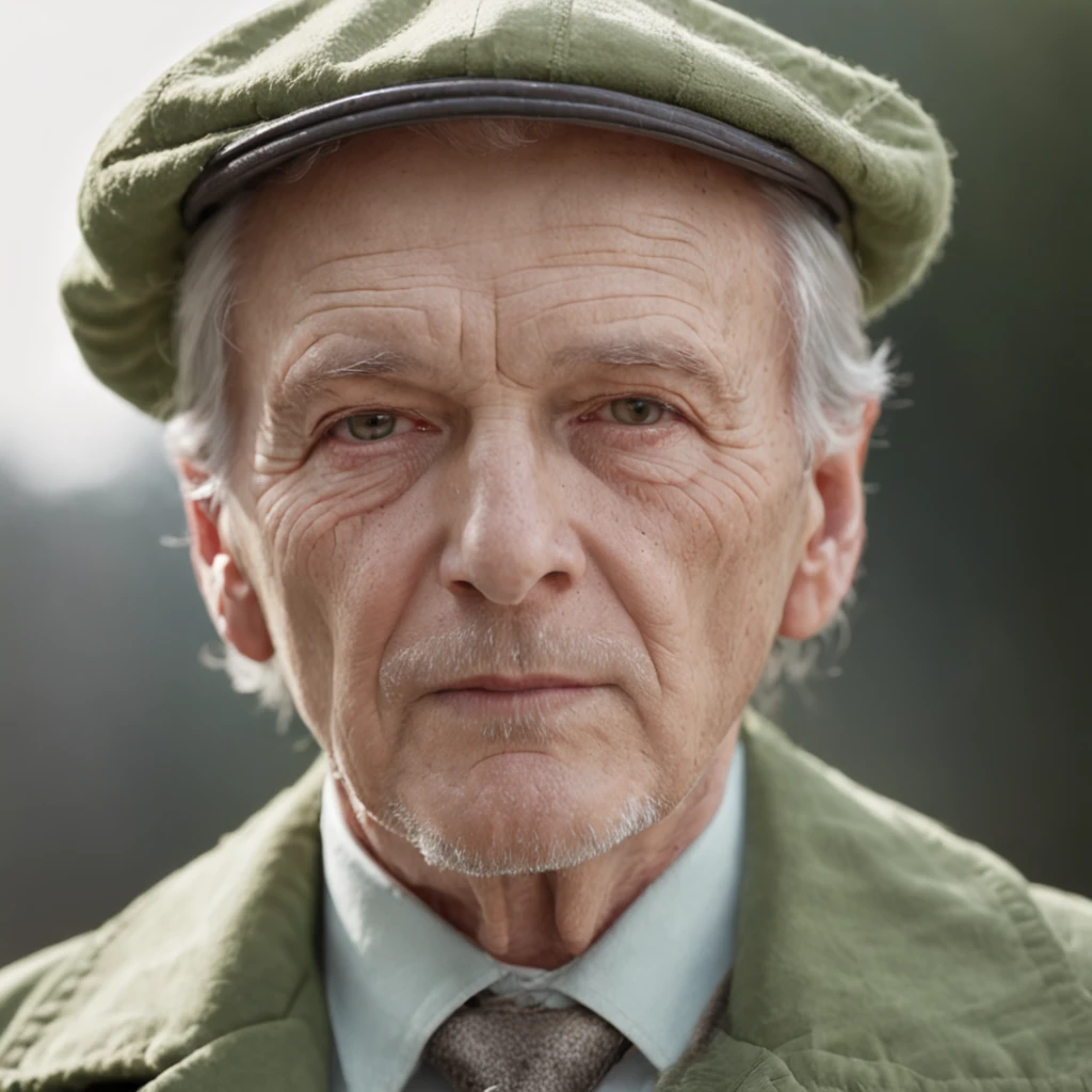 realistic, 3/4 perspective, old man, (yellow baret: 5), (green trench coat: 5), portrait shot, white skin, (solid white background: 2)