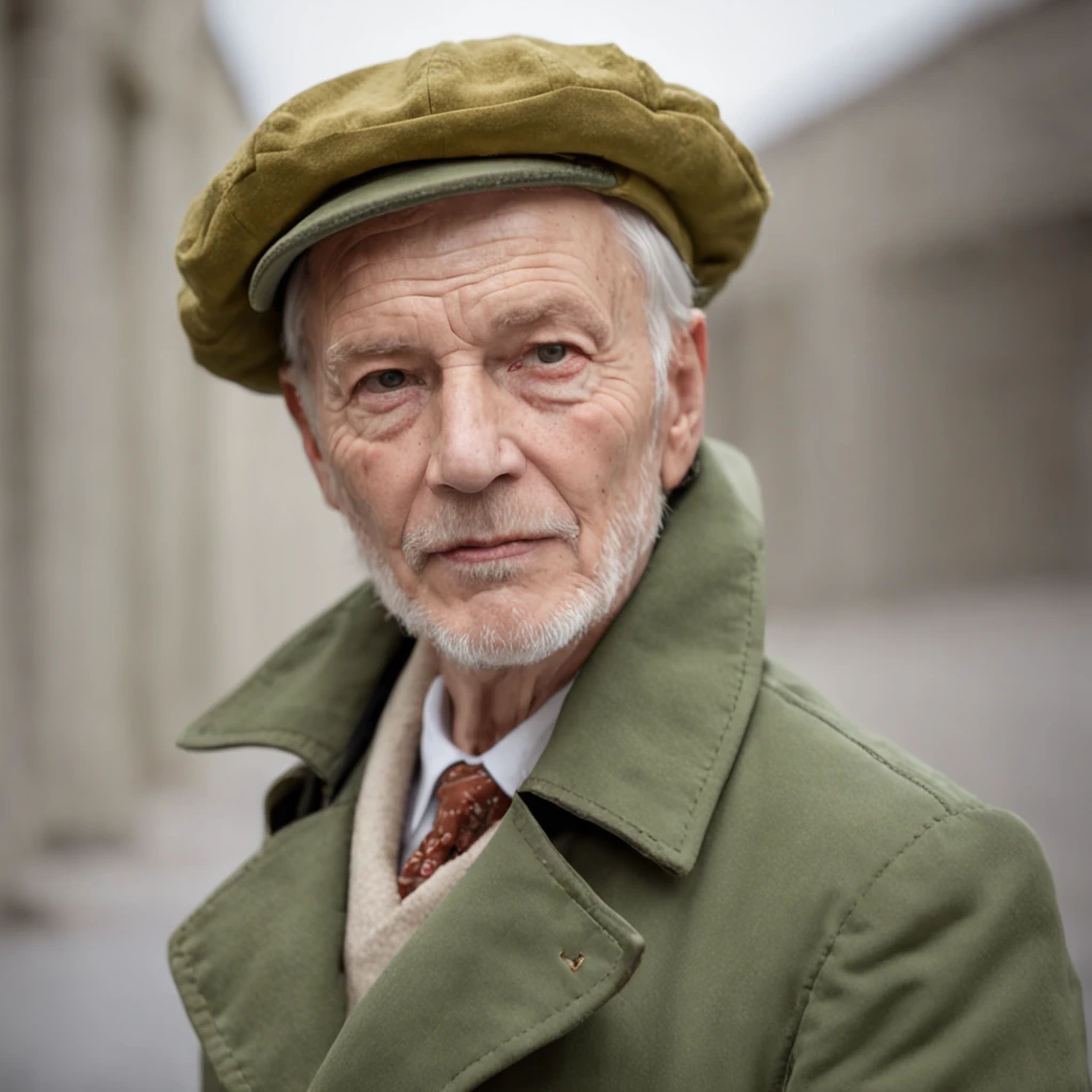 realistic, 3/4 perspective, old man, (yellow baret: 5), (green trench coat: 5), portrait shot, white skin, (solid white background: 2)