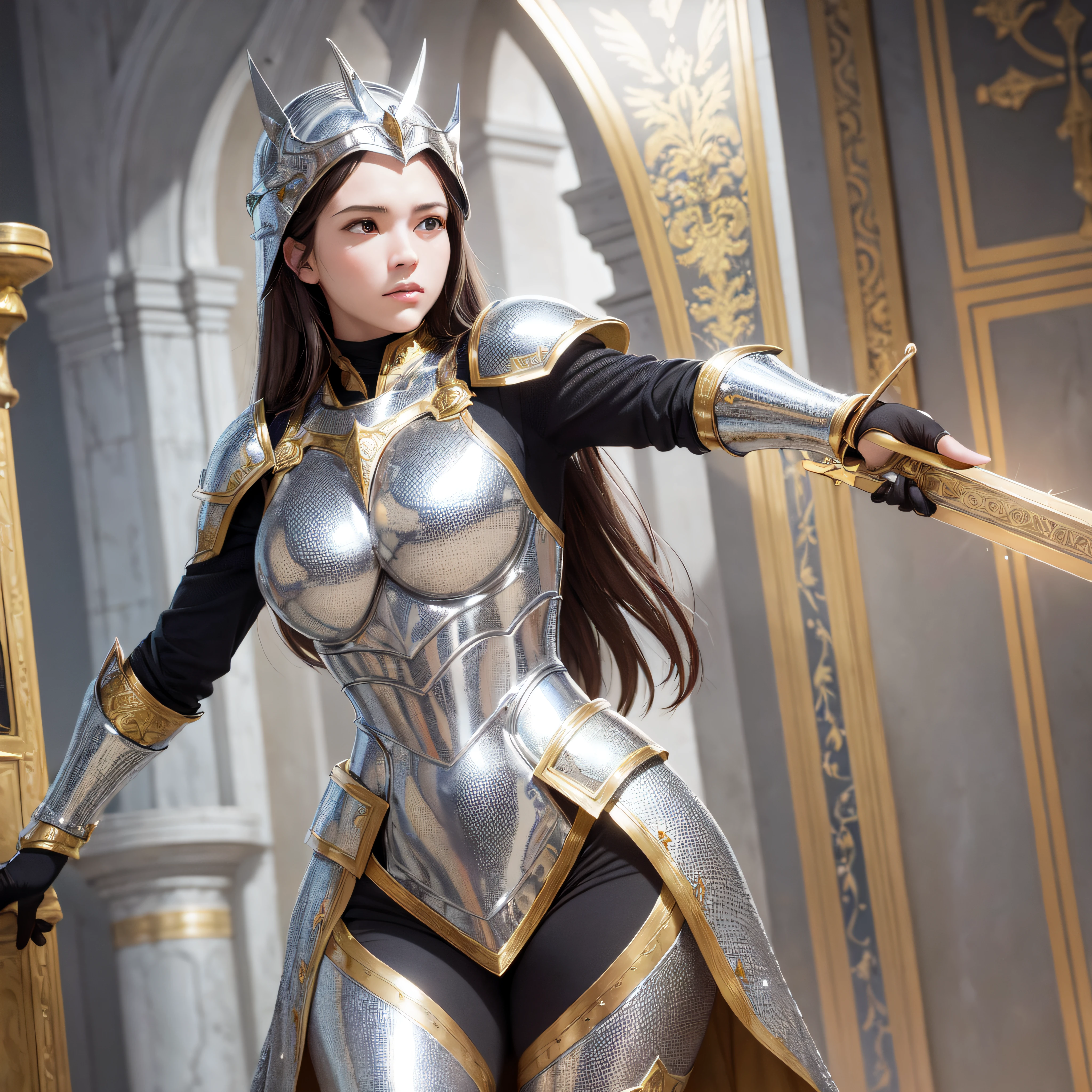 a woman wearing the armor of god, in the style of silver and gold, Christian iconography, finely detailed, hyper realistic, spectacular backdrops