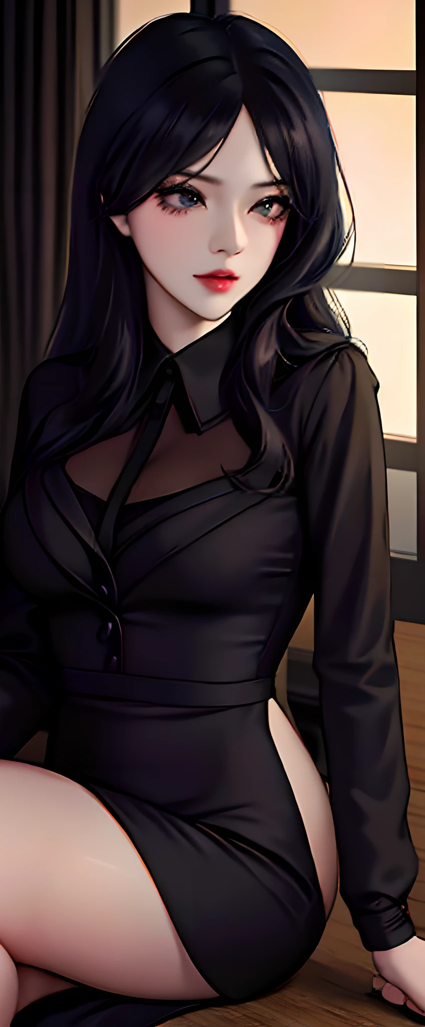 There was a woman in a black dress sitting on the windowsill, noire moody scene, wearing a strict business suit, wearing a black noble suit, Surrealism female students, Surrealism female students, seductive anime girls, 2b, 2 b, wearing a strict business suit, sakimichan, Dark suit, wearing black uniform, elegant glamourous cosplay