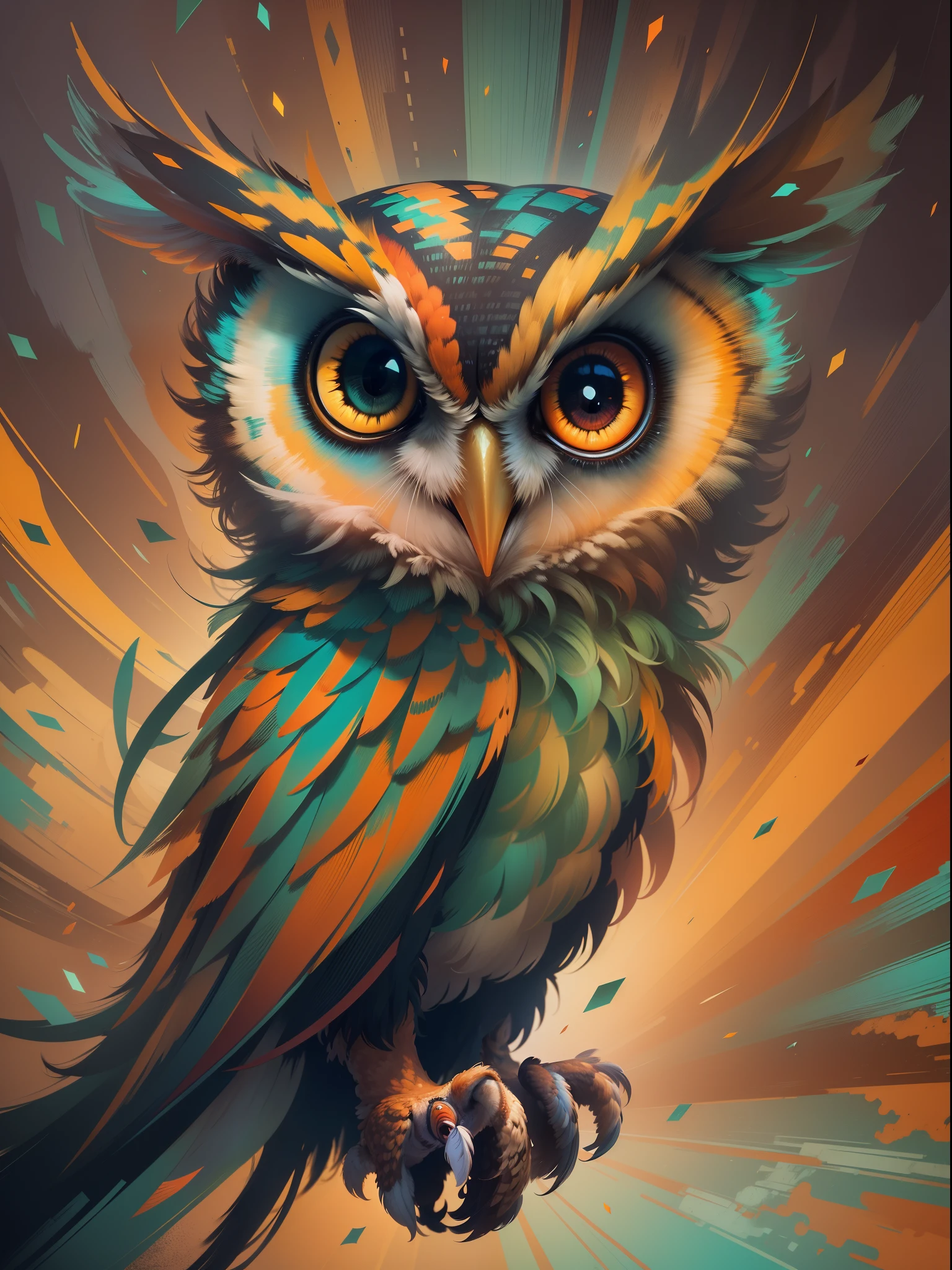 owl, caricature, cartoonish illustration, long exposure, masterpiece, focus, colorful dynamic background, detailed, rich colors, --s 750