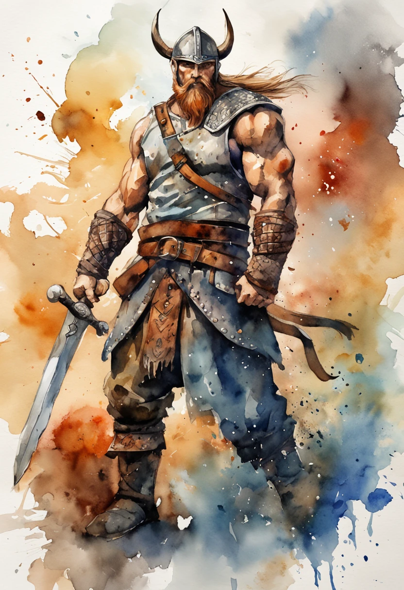 "(This artwork is a) masterpiece in terms of its (excellent) quality. It features a single Viking character, (with a) muscular build and detailed eyes. The focus is on the upper body, with the character looking directly at the viewer. The style of the artwork resembles an ink sketch, while the character is wearing armor. There is a sense of action, style watercoloras if the character is (delivering a powerful) punch. The background is abstract, with splashes of color and a high contrast effect."