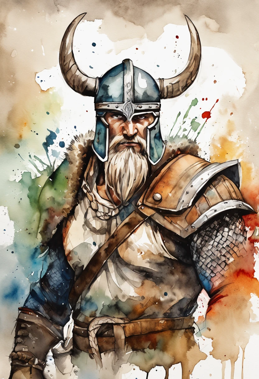 "(This artwork is a) masterpiece in terms of its (excellent) quality. It features a single Viking character, (with a) muscular build and detailed eyes. The focus is on the upper body, with the character looking directly at the viewer. The style of the artwork resembles an ink sketch, while the character is wearing armor. There is a sense of action, style watercoloras if the character is (delivering a powerful) punch. The background is abstract, with splashes of color and a high contrast effect."