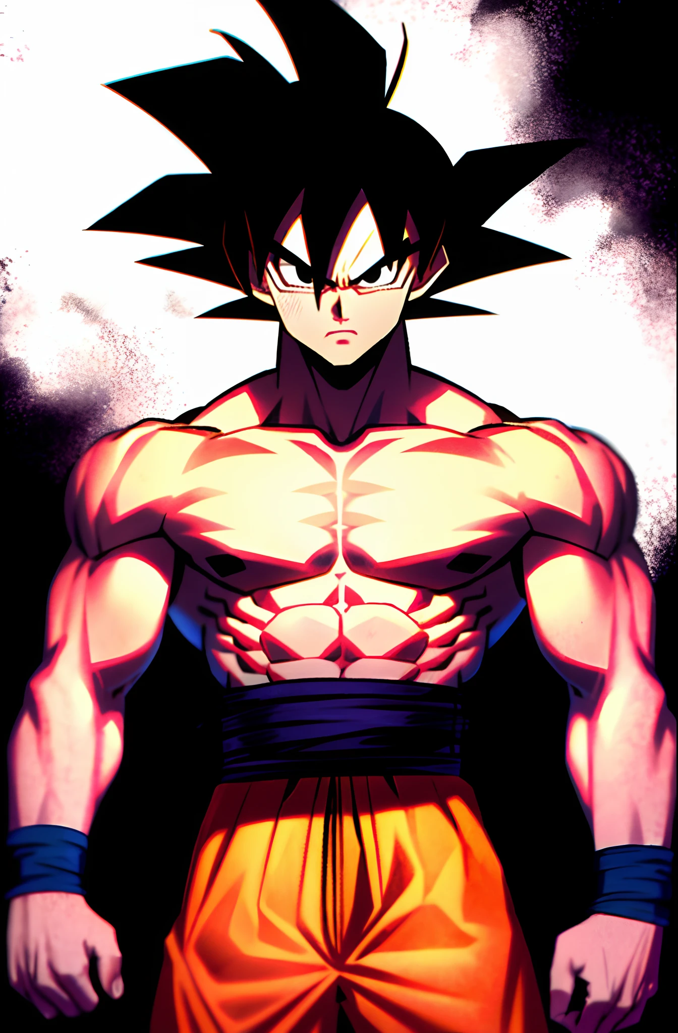 son goku, 1boy, closed mouth, male focus, muscular, muscular male, rock, sash, serious, solo, spiked hair, topless male, torn clothes, ultra instinct, black eyes, black hair, ((masterpiece))