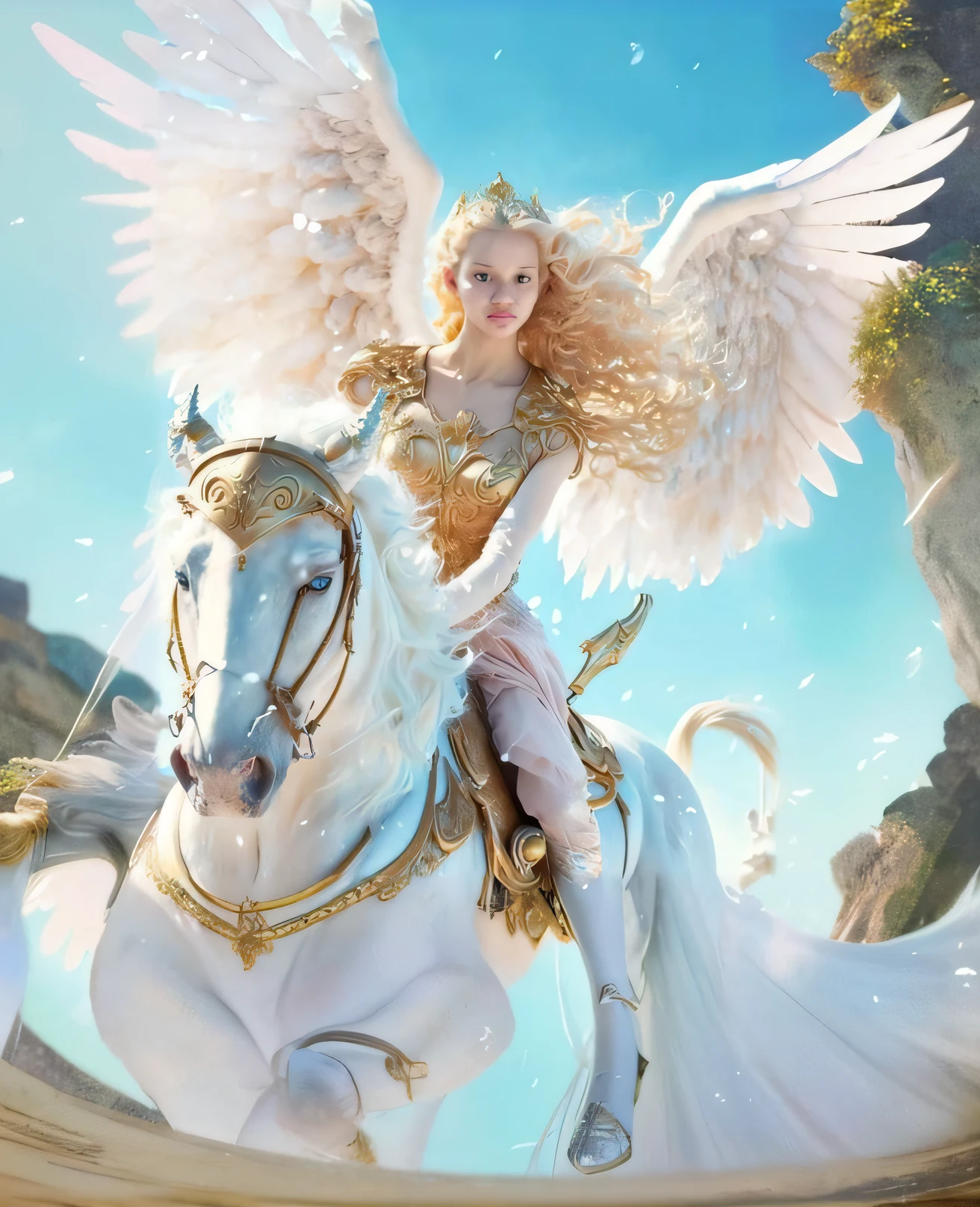 um close up de uma mulher montando um cavalo com um anjo sobre ele, do cavaleiro do anjo, karol bak uhd, as a mystical valkyrie, arte de fantasia muito bonita, bela arte de fantasia, breathtaking fantasy art, woman riding a flying unicorn, de anjo lindo, amazing fantasy art, Taylor Swift como um anjo celestial, angel knight gothic girl, anjo bonito