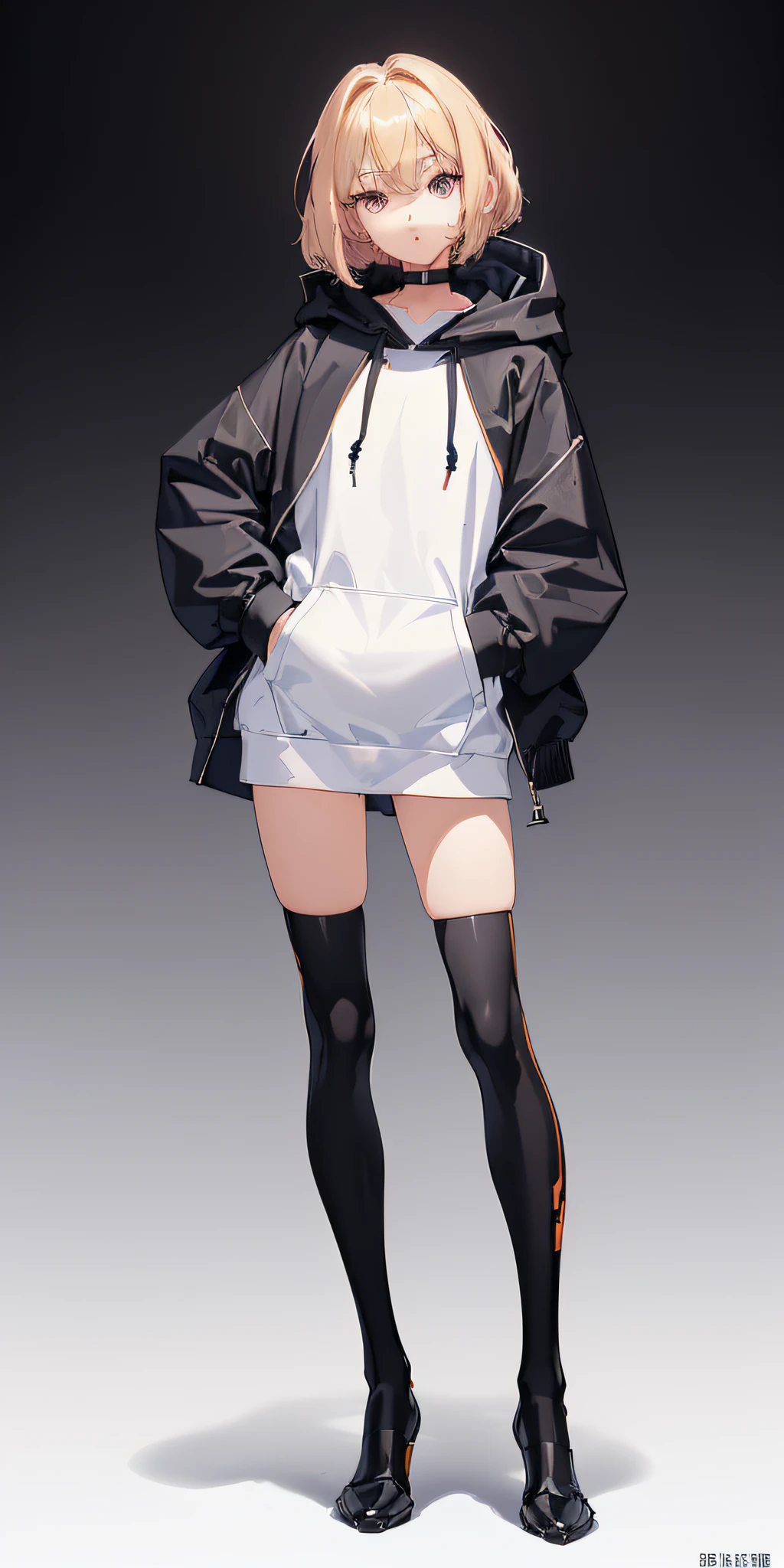 ((1 girl)), (((Anime style、Simple Color Scheme、Anime colors、Simple or color scheme))) , ((((Emphasis on image quality、top-quality、in 8K、masterpiece、超A high resolution)))), (crisp lines、Crisp Contours、Clean lines、Pitch black background), ((anime, large eye, deformation, cute, anime character, simple, eye highlight, simple small nose, few hair highlight, smooth line)), (natural posture, Full body, Standing, natural posture, upright posture), (cool)、(((Blonde Bob,Wavy Hair,Wearing a black hoodie and hood、White coach jacket、Dabo Dabo Fashion、Big silhouette、Loose pants, Black Long Socks)))