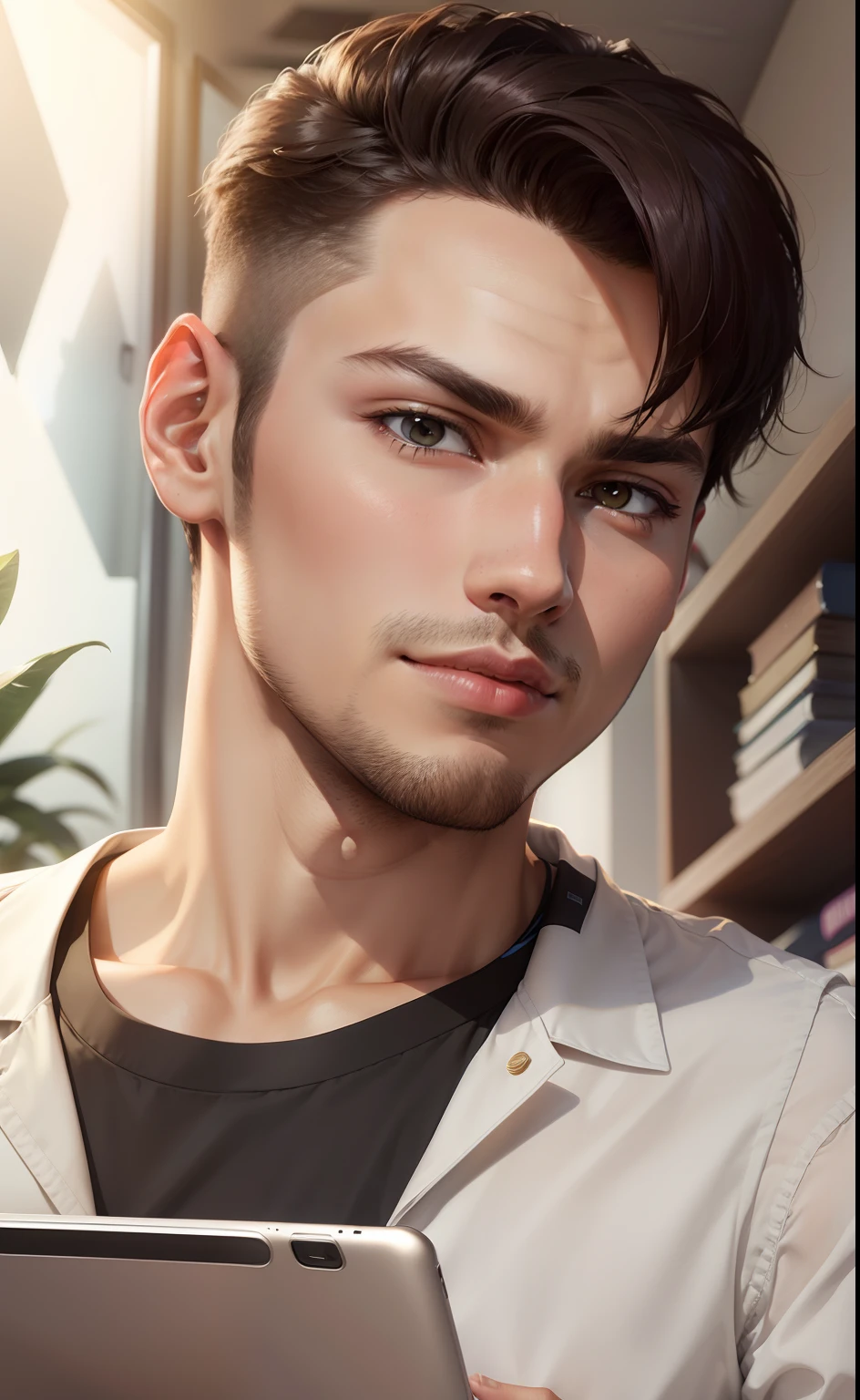 "Handsome young man with a clear complexion sporting trendy hairstyle and stylish attire." In office laptop tablet on back side