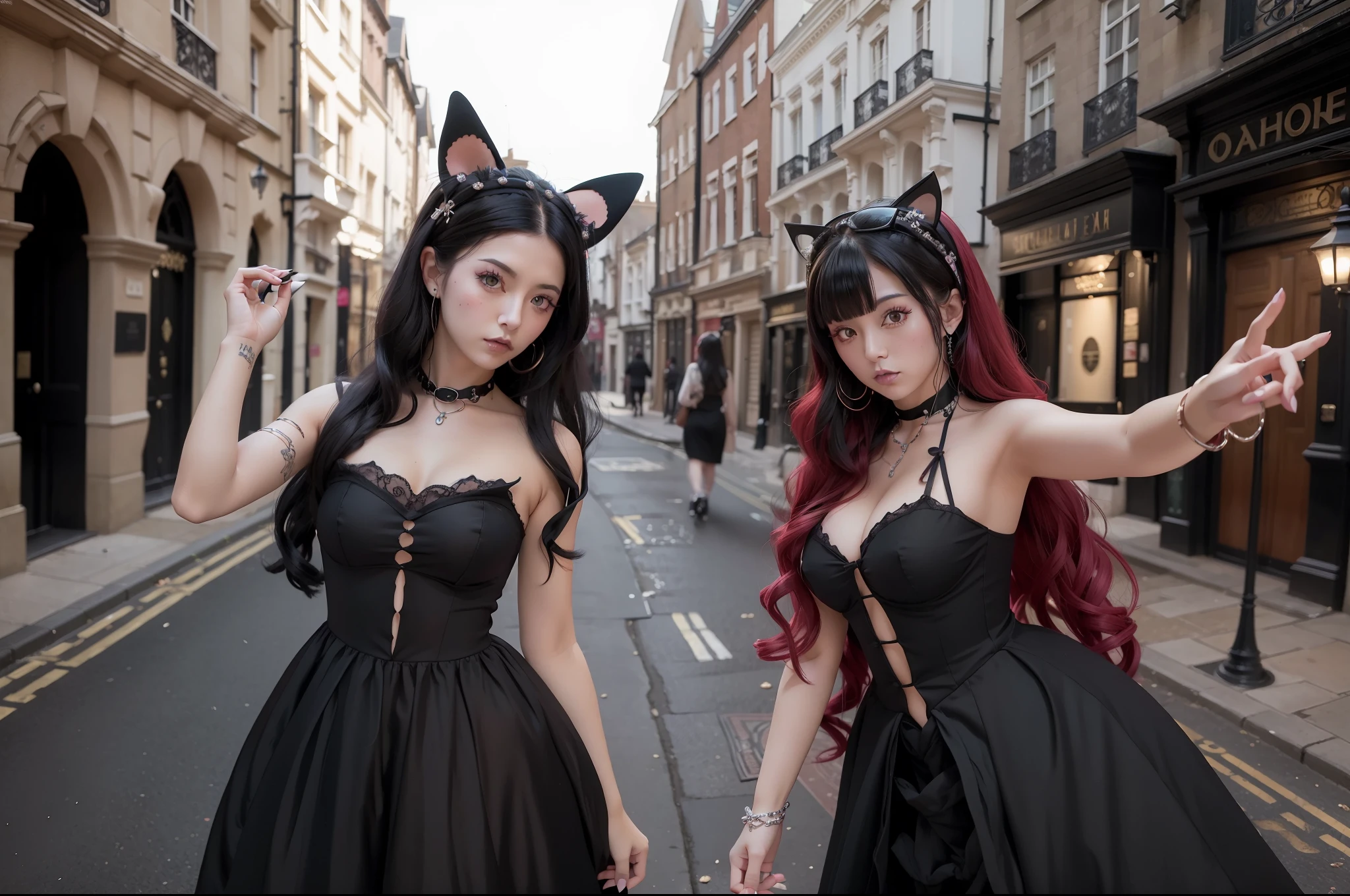 (obra maestra) (La mejor calidad) A selfie of several gothic-looking kawaii women on a London street. are young, alegre y me encanta hacer bromas en las fotos.