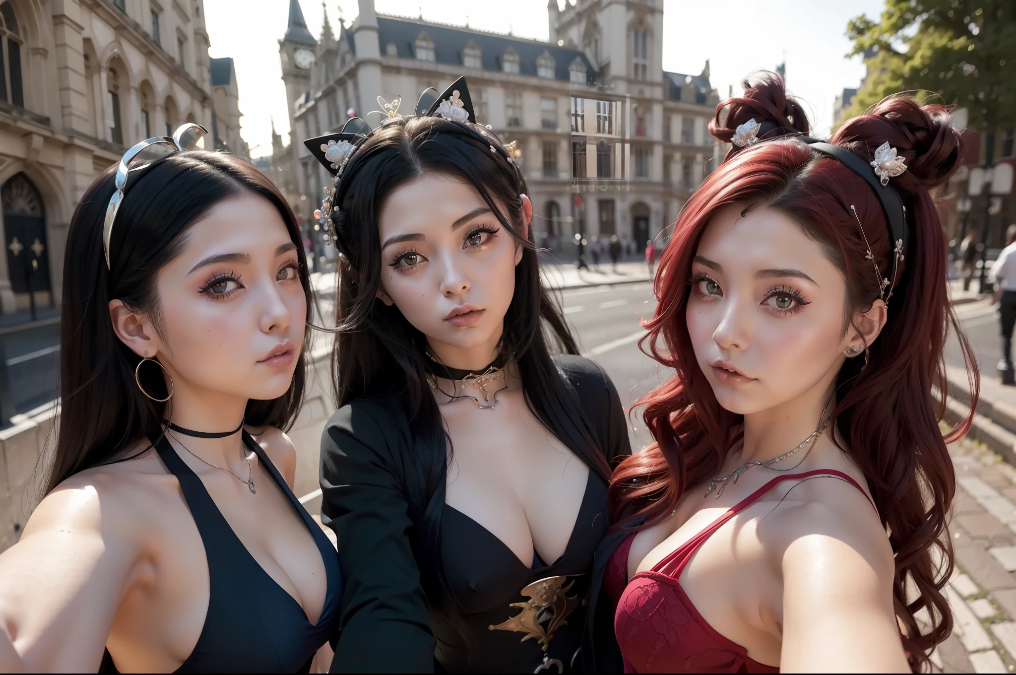 (obra maestra) (La mejor calidad) A selfie of several gothic-looking kawaii women on a London street. are young, alegre y me encanta hacer bromas en las fotos.