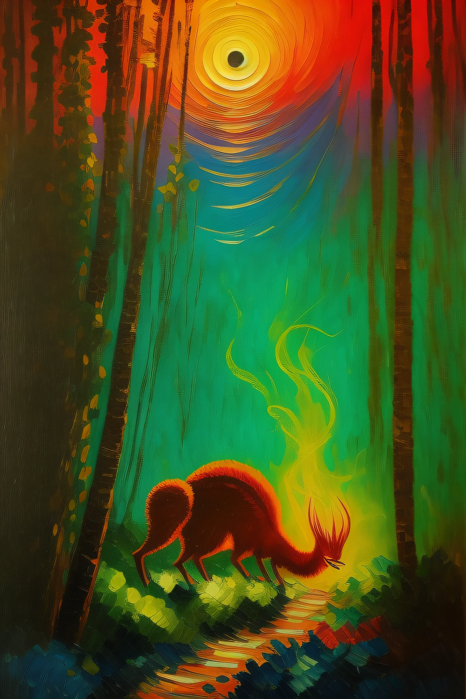 an oil painting of a mysterious Amazonian animal, glowing with neon hues in the twilight, reminiscent of the works of Vincent van Gogh. The scene is a blend of surreal colors, and the creature's glow contrasts with the darkening surroundings. Cool color temperature, enigmatic facial expression, and dreamy lighting, evoking a sense of wonder. --v 5 --stylize 1000