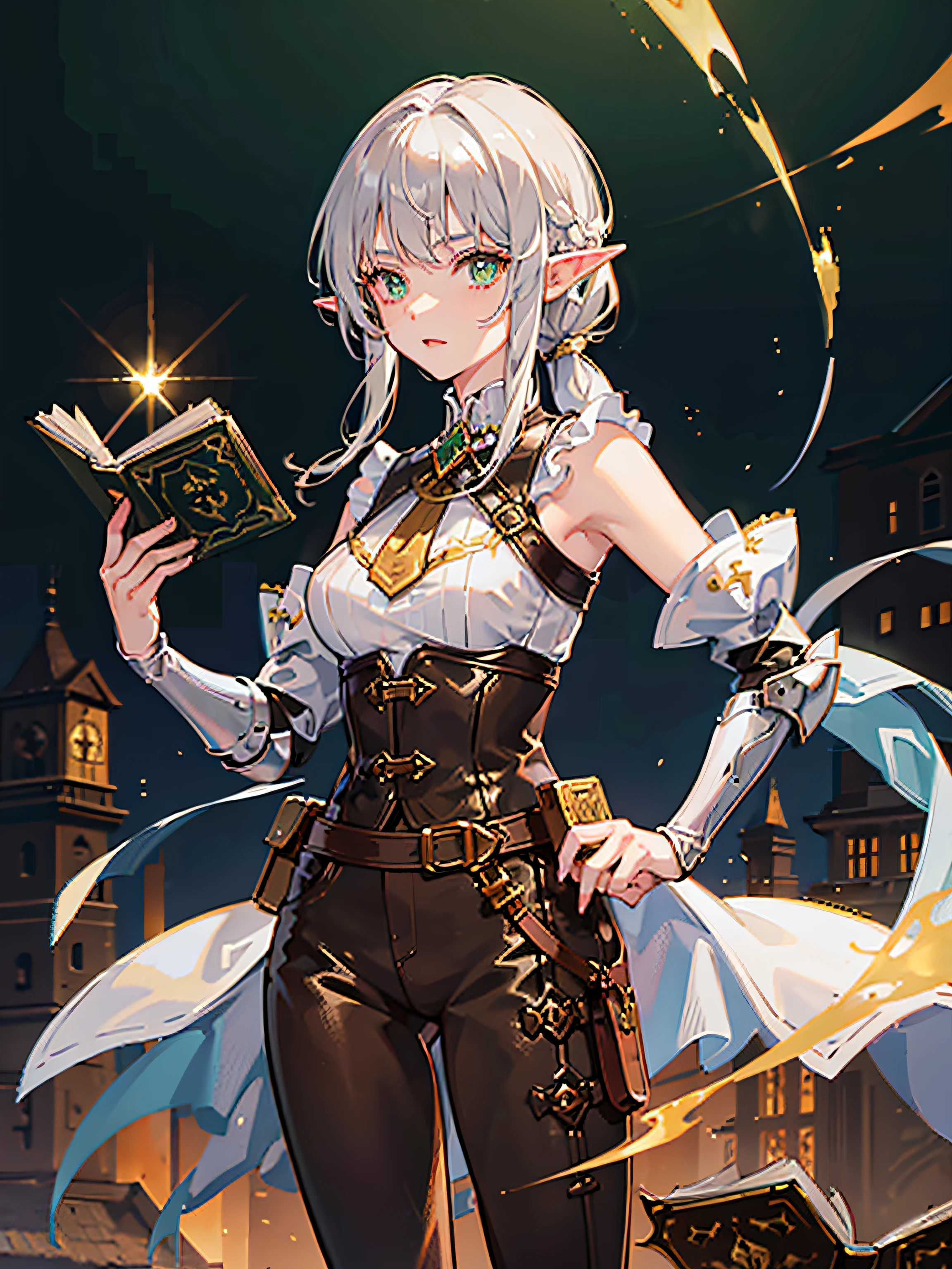 1 girl, long silver hair, green eyes, golden pupil, alabaster skin, elf, adventurer gear, rapier, medieval armor without shoulder pads, brown leather armor, brown leather, brown pants, no cape, book in holster, anatomically correct, absurdres, high res, ultrasharp, 8k, masterpiece, best quality, looking at viewer